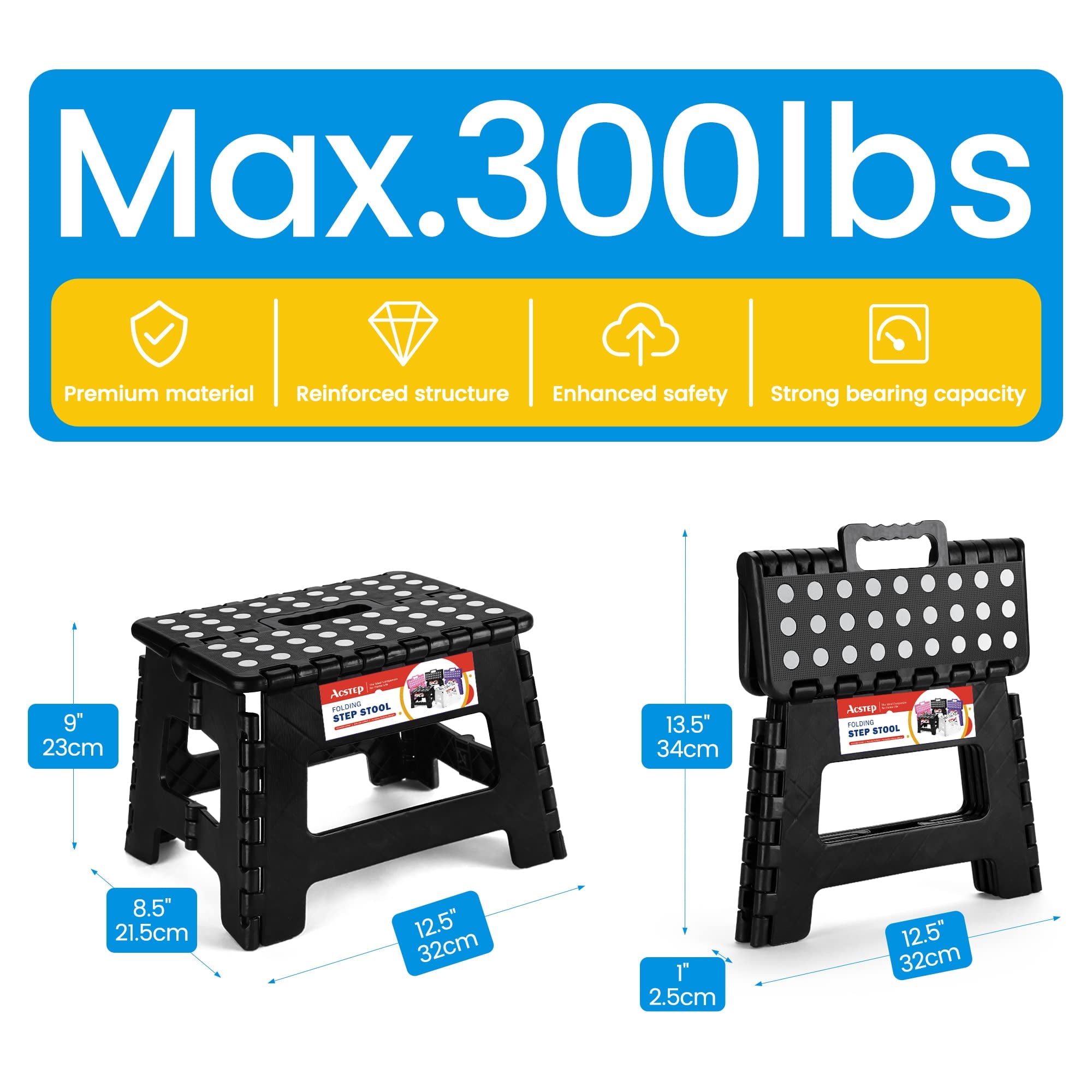 ACSTEP Folding Step Stool 9'' Tall Kids Step Stool Plastic Step Stools with Non-Slip Surface - Black