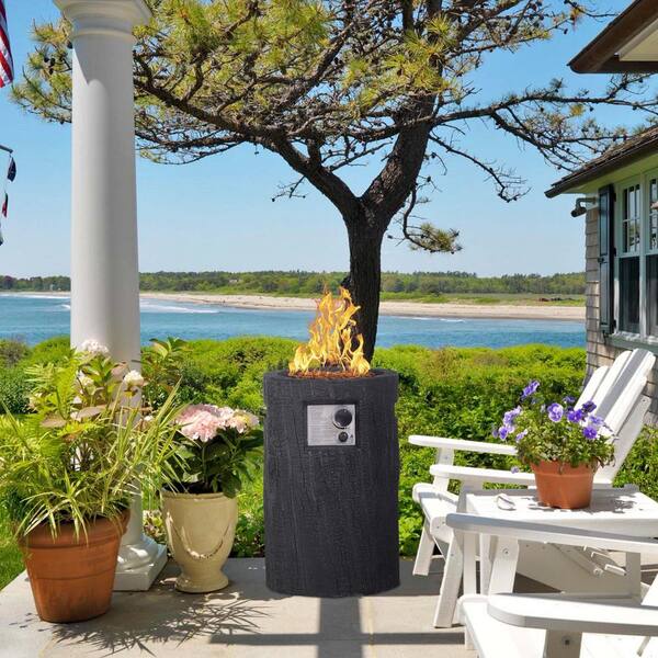 Black Round Stone Fire Pit Table with Waterproof Cover