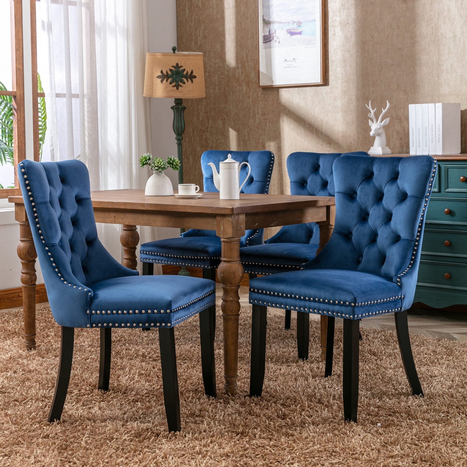 Elegant Button Tufted Dining Chairs, High-end Velvet Upholstered Dining Chairs with Nailhead Back and Ring Pull Trim, Solid Wood Dining Chairs for Kitchen Bedroom Dining Room (Blue,Set of 4)