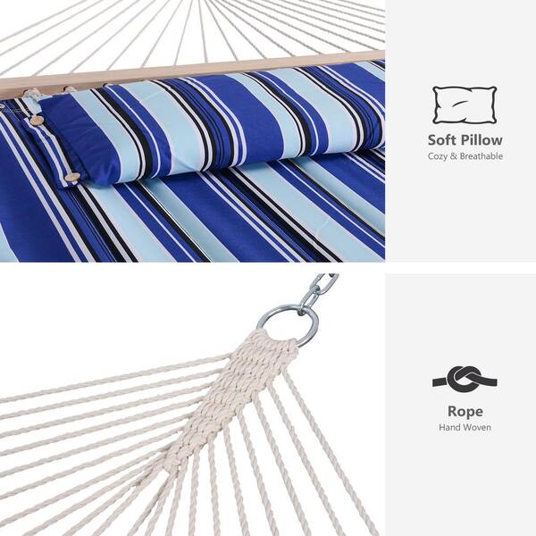 12 ft. Free Standing, 475 lbs. Capacity, Heavy-Duty 2-Person Hammock with Stand and Detachable Pillow in Blue Stripes