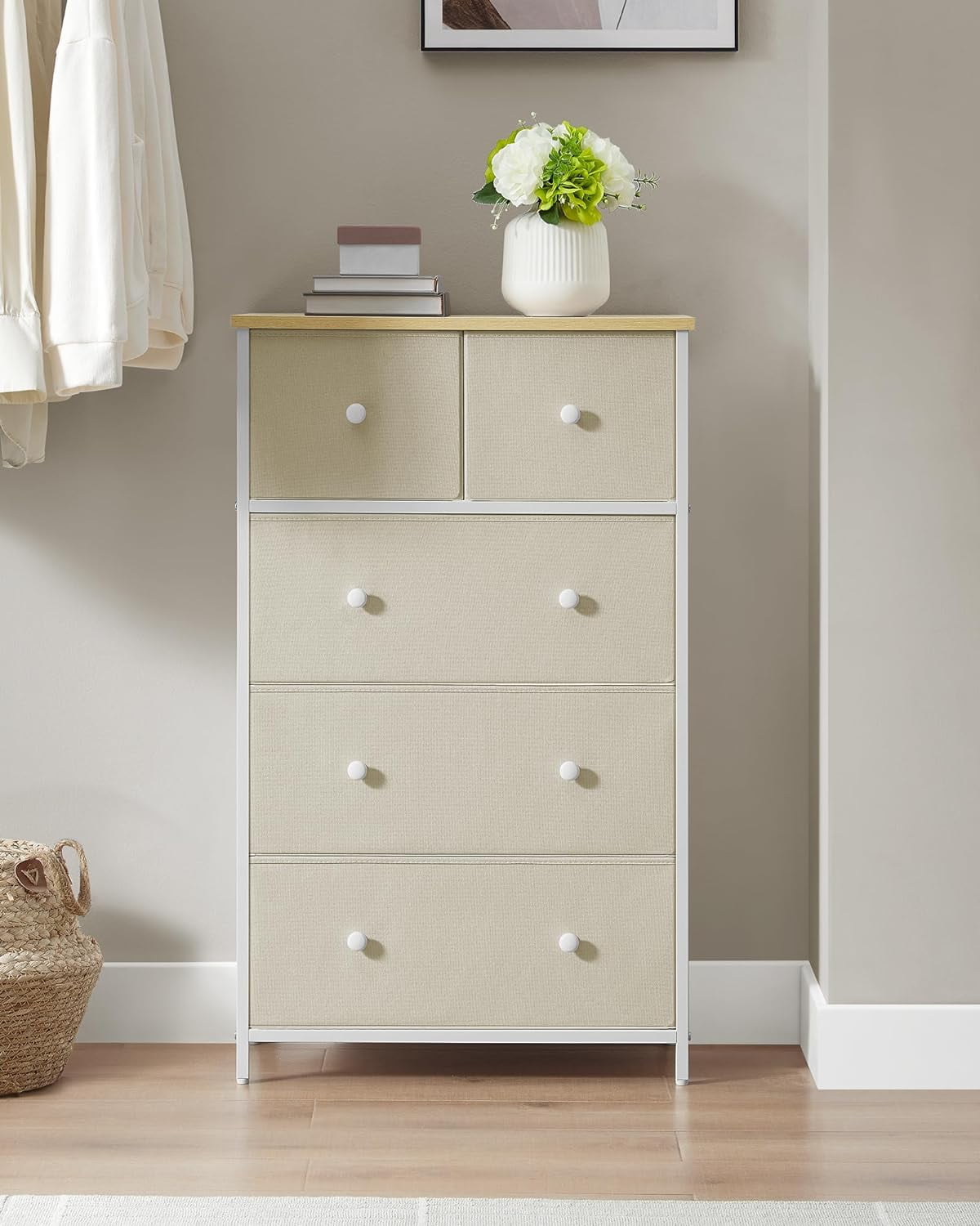 SONGMICS 5 Fabric Drawers Dresser Storage Tower with Unit for-Living-Room Hallway-Nursery Camel Yellow + Cream White