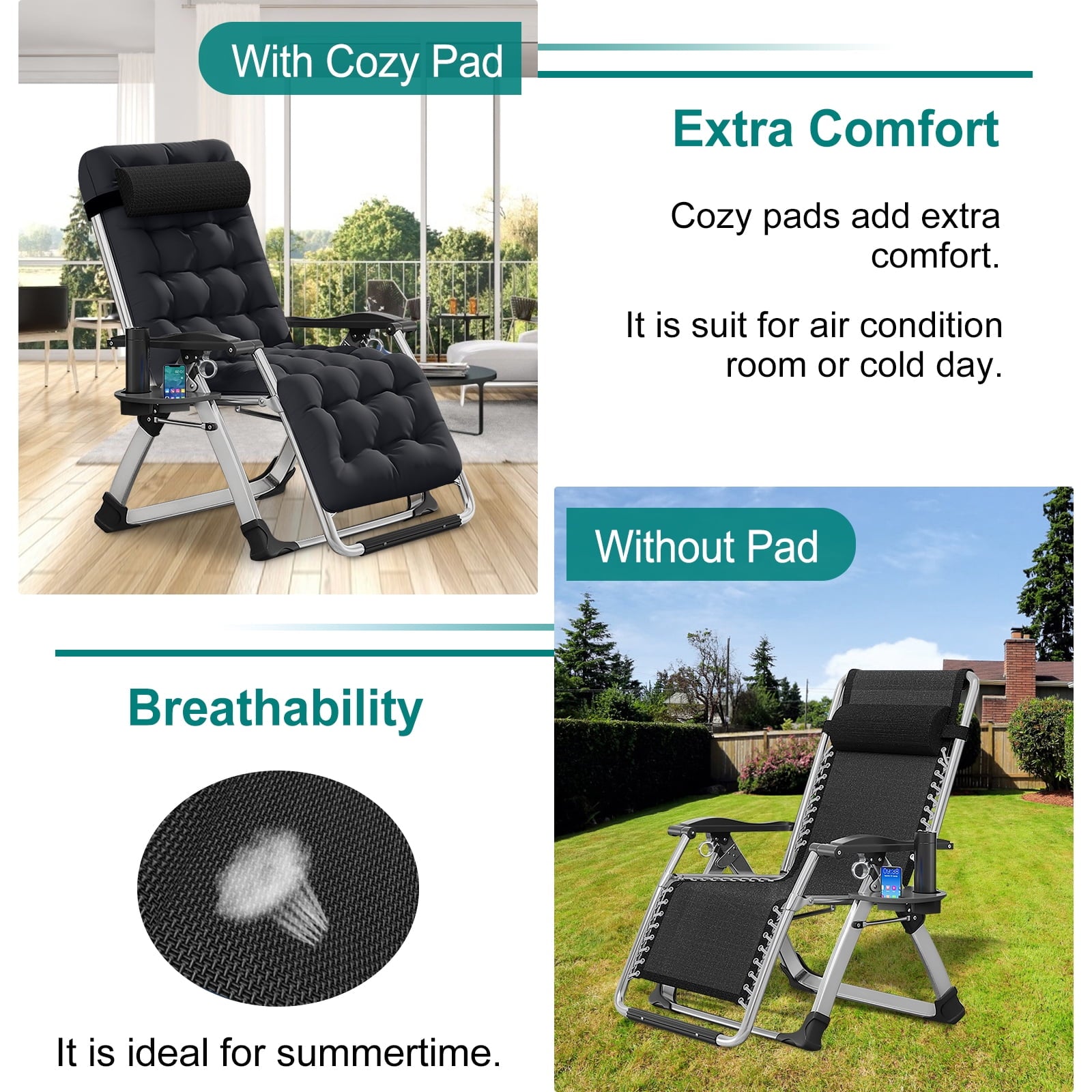 Docred Zero Gravity Chair , Lawn Recliner Folding Chaise Lounge with Removeable Pad Soft Cushion, Headrest and Cup Holder, Camping chairs Patio Fold Lounger Chair
