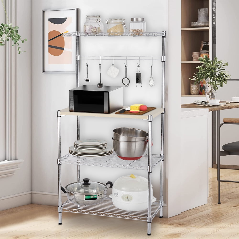 Metal Kitchen Bakers Rack, iRerts 4 Tier Metal Kitchen Organization Shelf Rack with 4 Hooks, Adjustable Shelves and Wood Table, Microwave Oven Stand Coffee Bar Table Station for kitchen Office, Silver