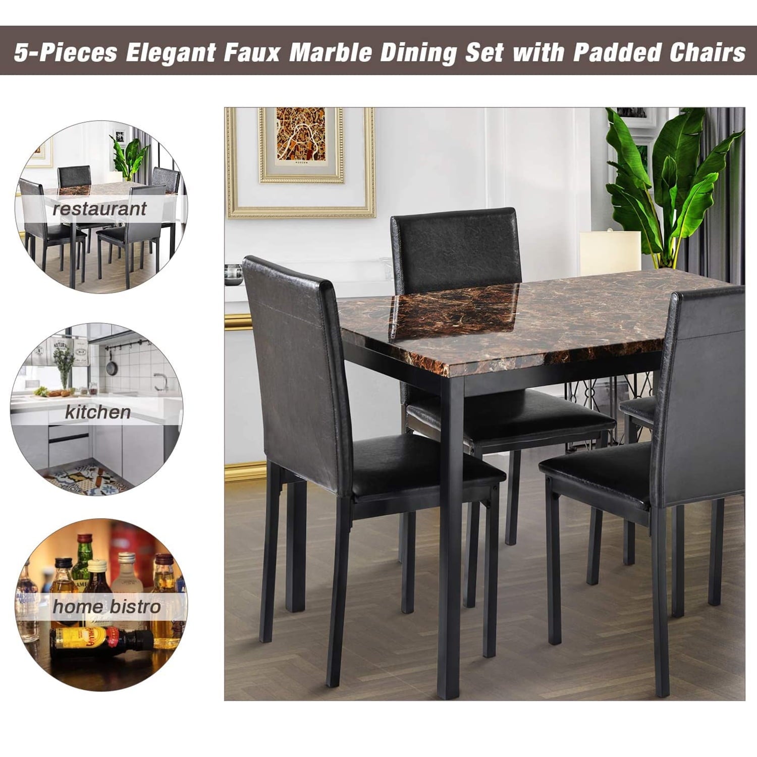 5 Piece Kitchen Table Set, Modern Dining Table Sets with Faux Marble Table PU Leather Chairs for 4, Rectangular Dining Room Table Set for Home, Kitchen, Living Room, Restaurant, Small Space, L880