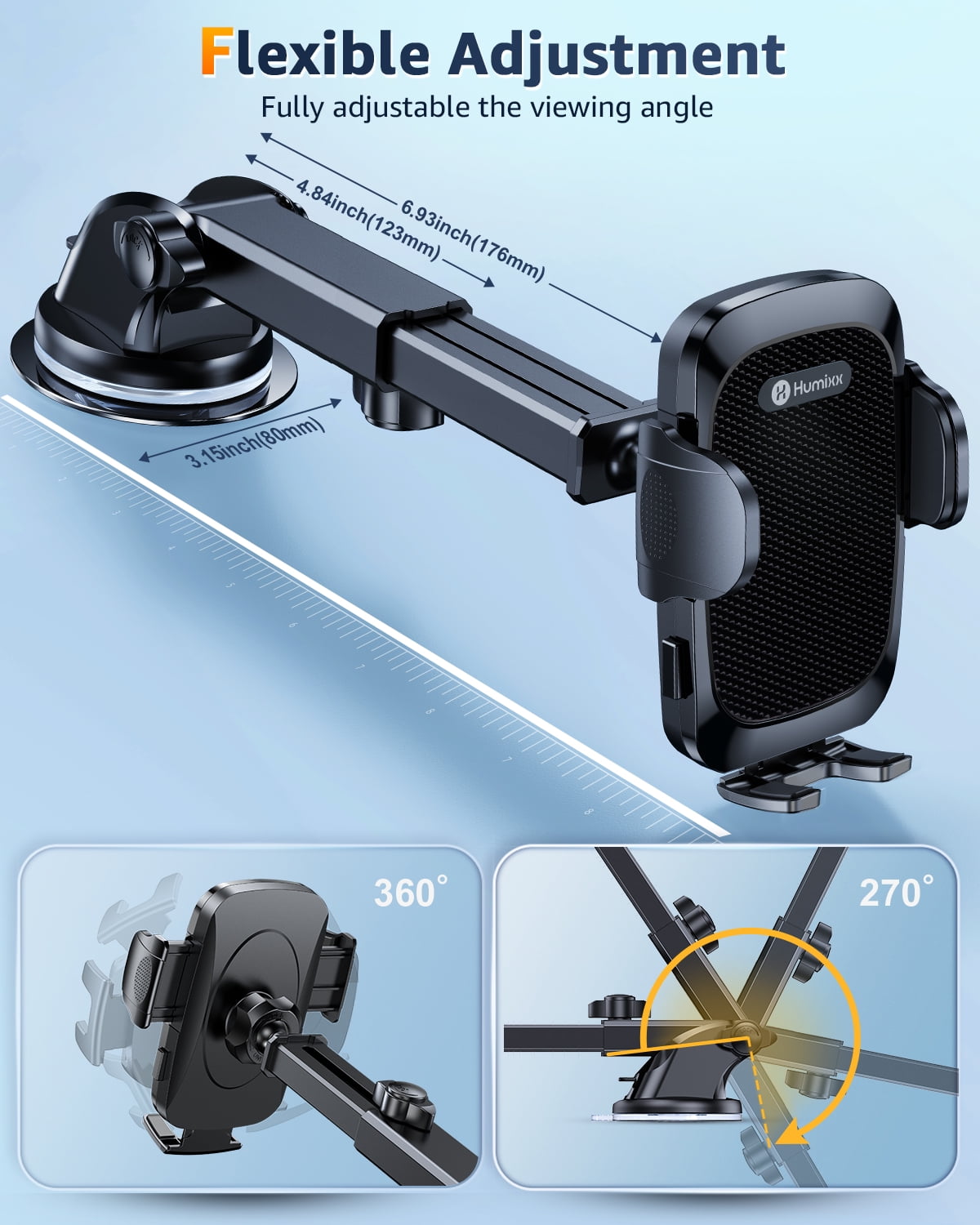 2023 Military-Grade Super Suction & Stable  Universal Car Phone Mount Humixx, Car Holder for Dashboard Air Vent Windshield, 360  Rotatable Long Arm Cell Phone Holder for All Mobile Phones