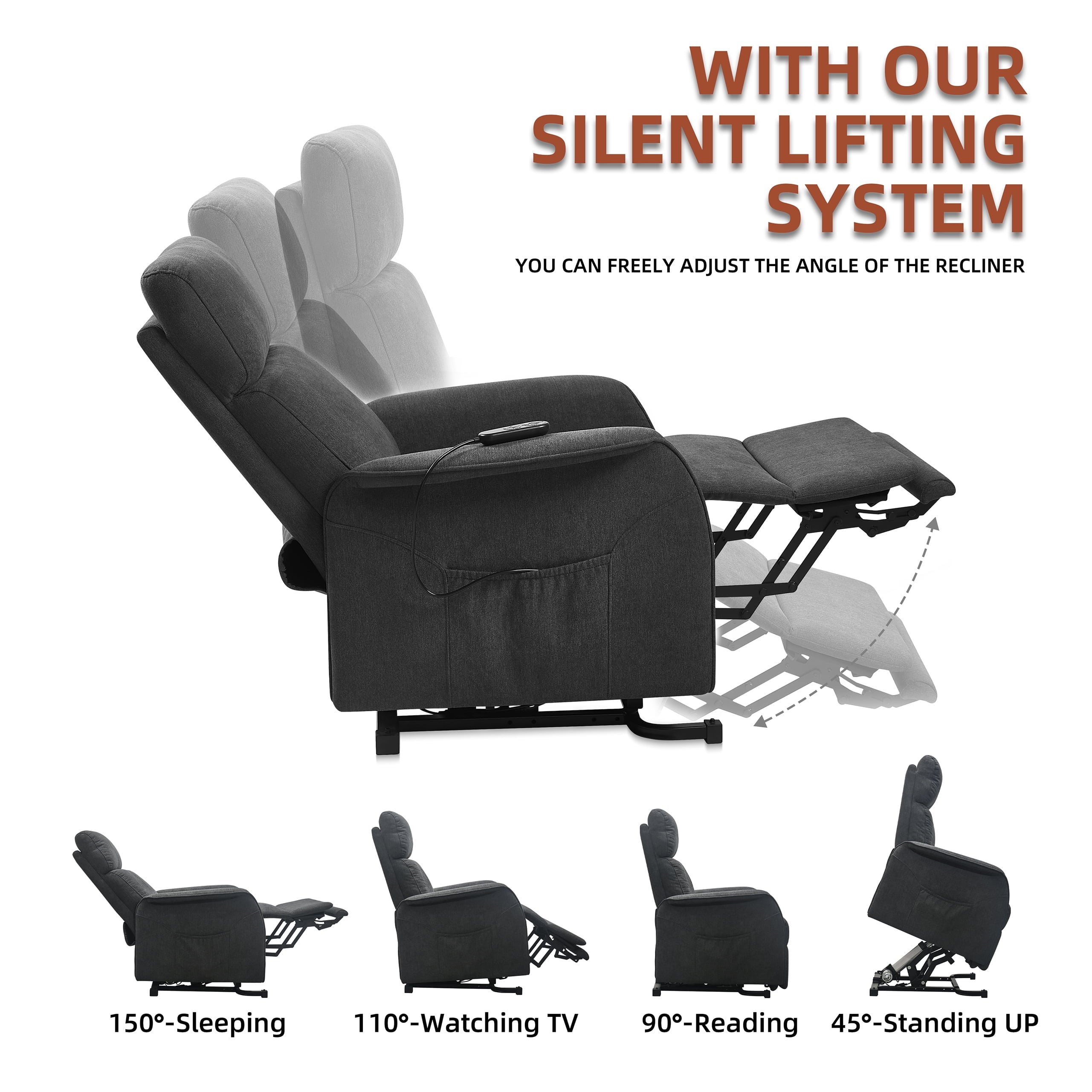 FIBO Electric Power Lift Recliner with Automatic Lift & Recline Button, Lift Chairs Recliners for Elderly with Massage and Heat, Extended Footrest, Grey (Fabric)