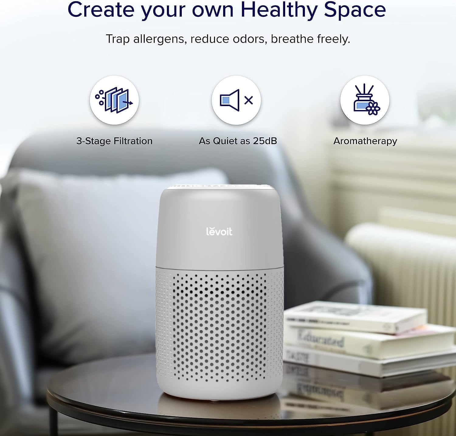 Levoit Desktop HEPA Air Purifier with Aroma for Bedroom & Office (178 Sq. ft), Core Mini, Gray.