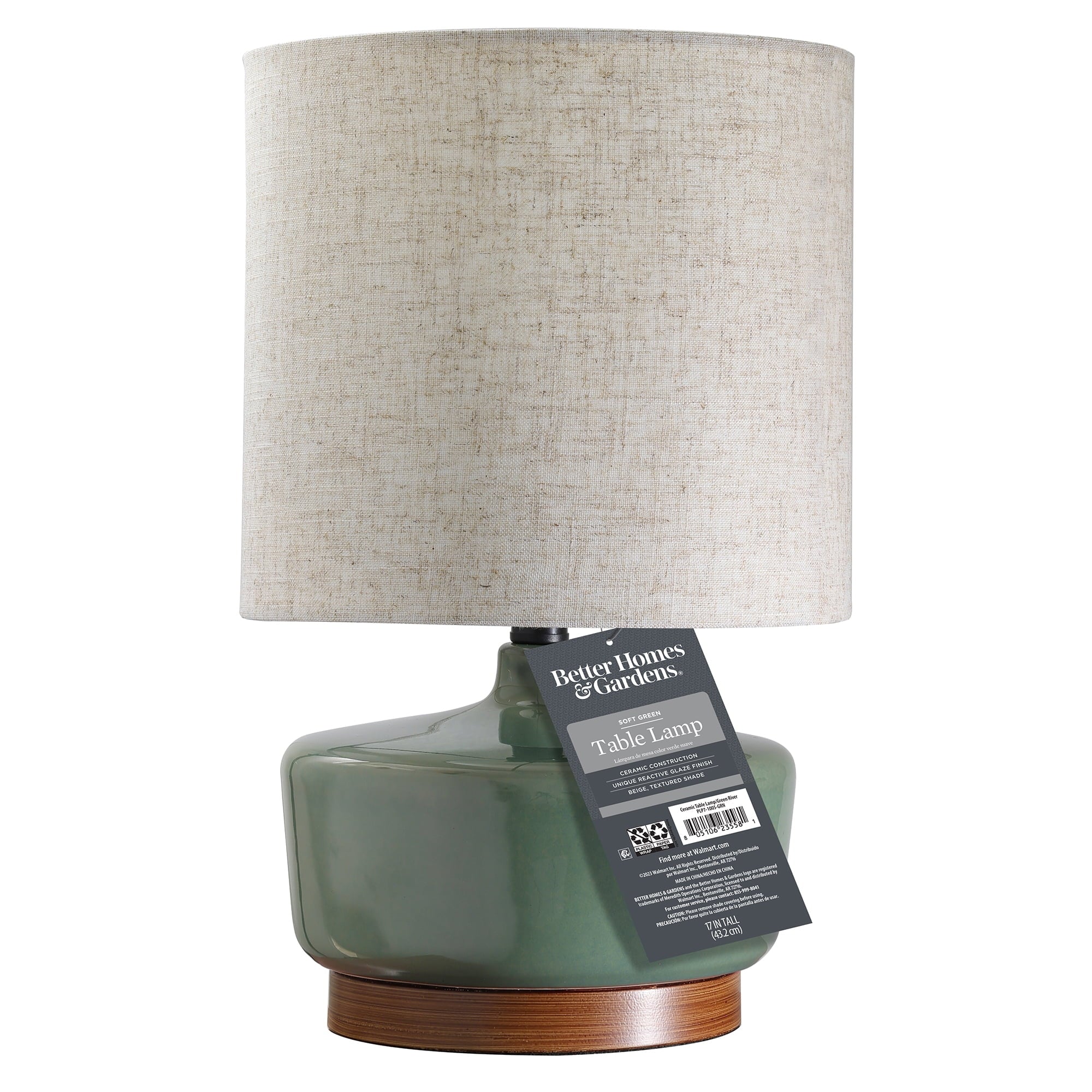 Better Homes & Gardens Modern Mid-Century Ceramic Table Lamp with Wood Base, 17