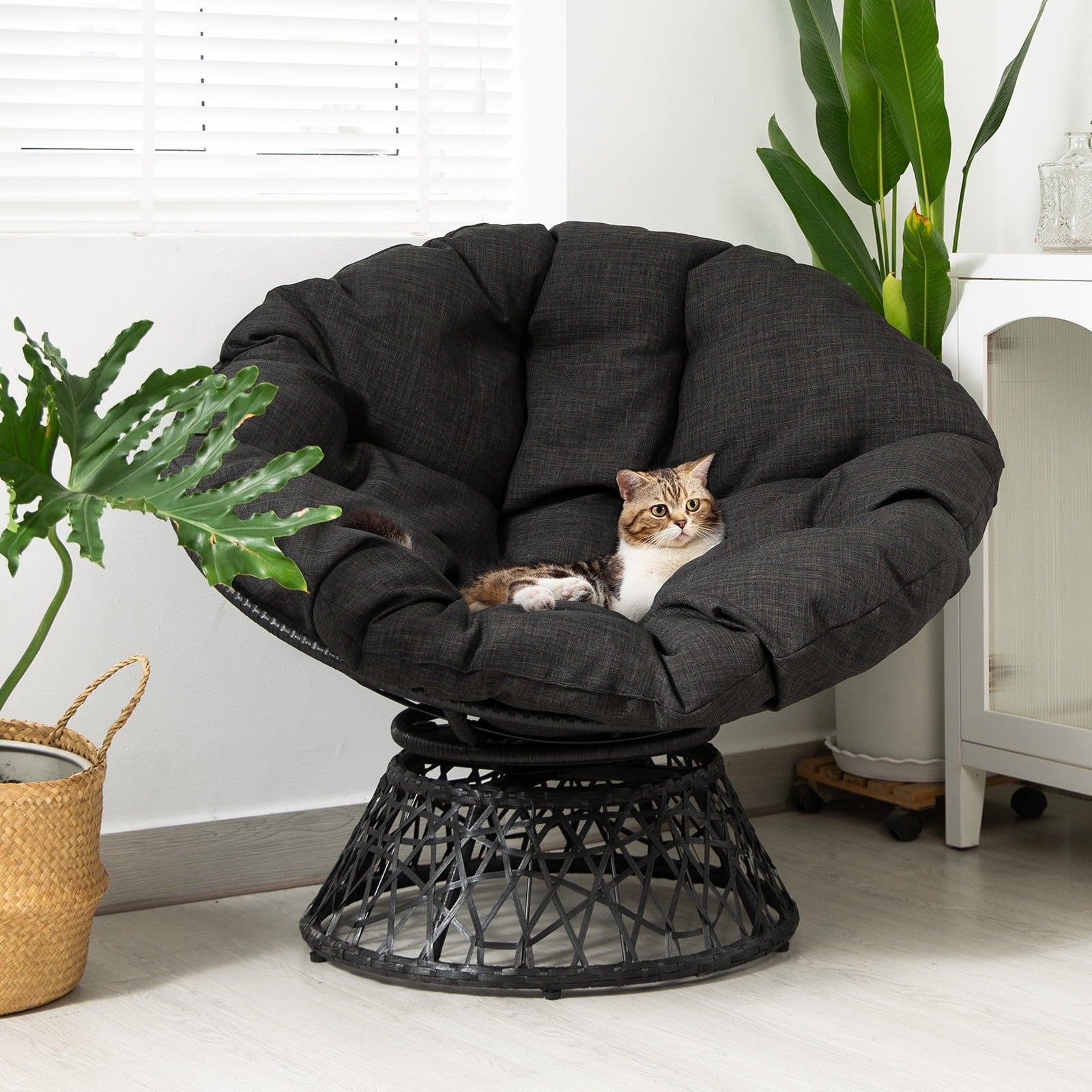 Aile Papasan Chair Soft Thick Density Fabric Cushion Steel Frame with 360 Degree Swivel, Black