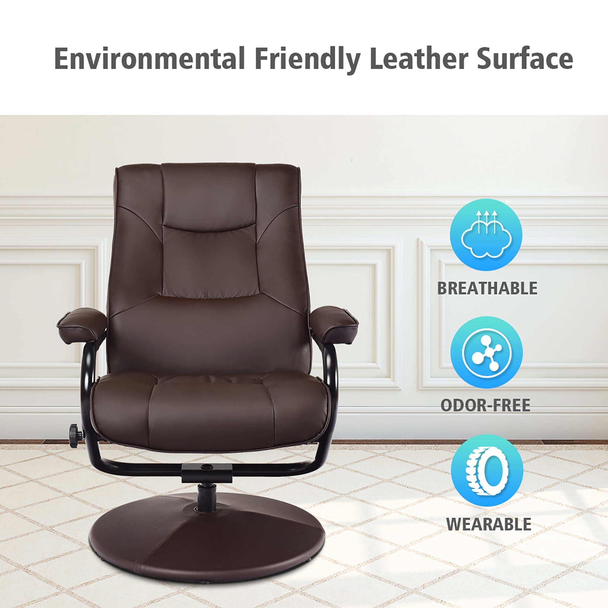Costway Recliner Chair Swivel PU Leather Lounge Accent Armchair w/ Ottoman Brown