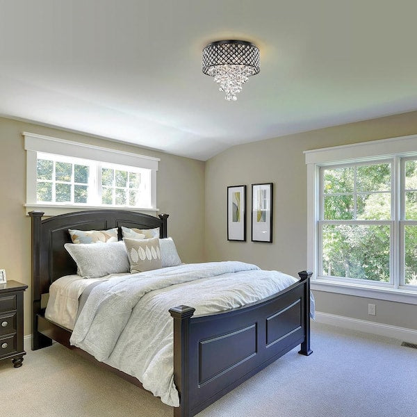 Alyvia 16 in. 4-Light Antique Black Glam Round Drum Flush Mount with Cascading Hanging Crystals