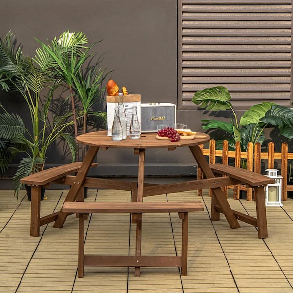 Round Wood Frame Outdoor Bench Set Picnic Table with Umbrella Hole