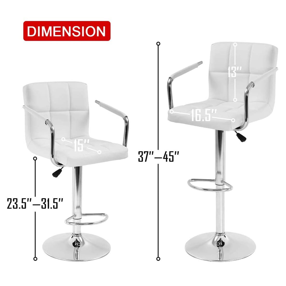 Set of 2 PU Leather Bar Stools Armrest Counter Stools Swivel Square Counter Height Barstools with Armrest Adjustable Hydraulic Bar Chairs with Upholstered Back & Seat, White