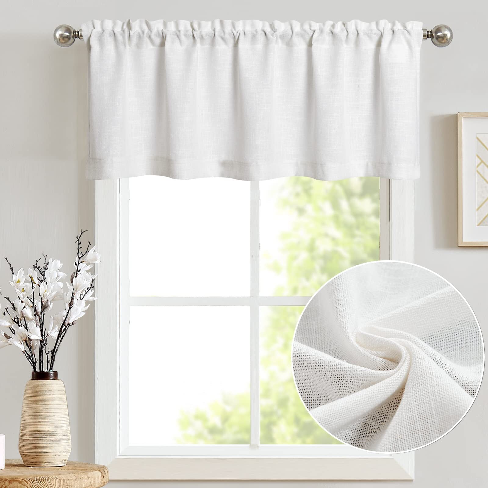 CURTAINKING White Linen Valance Curtains for Kitchen Living Room Farmhouse Rod Pocket Bathroom Curtains for Small Window 1 Panel 18 Inch Length