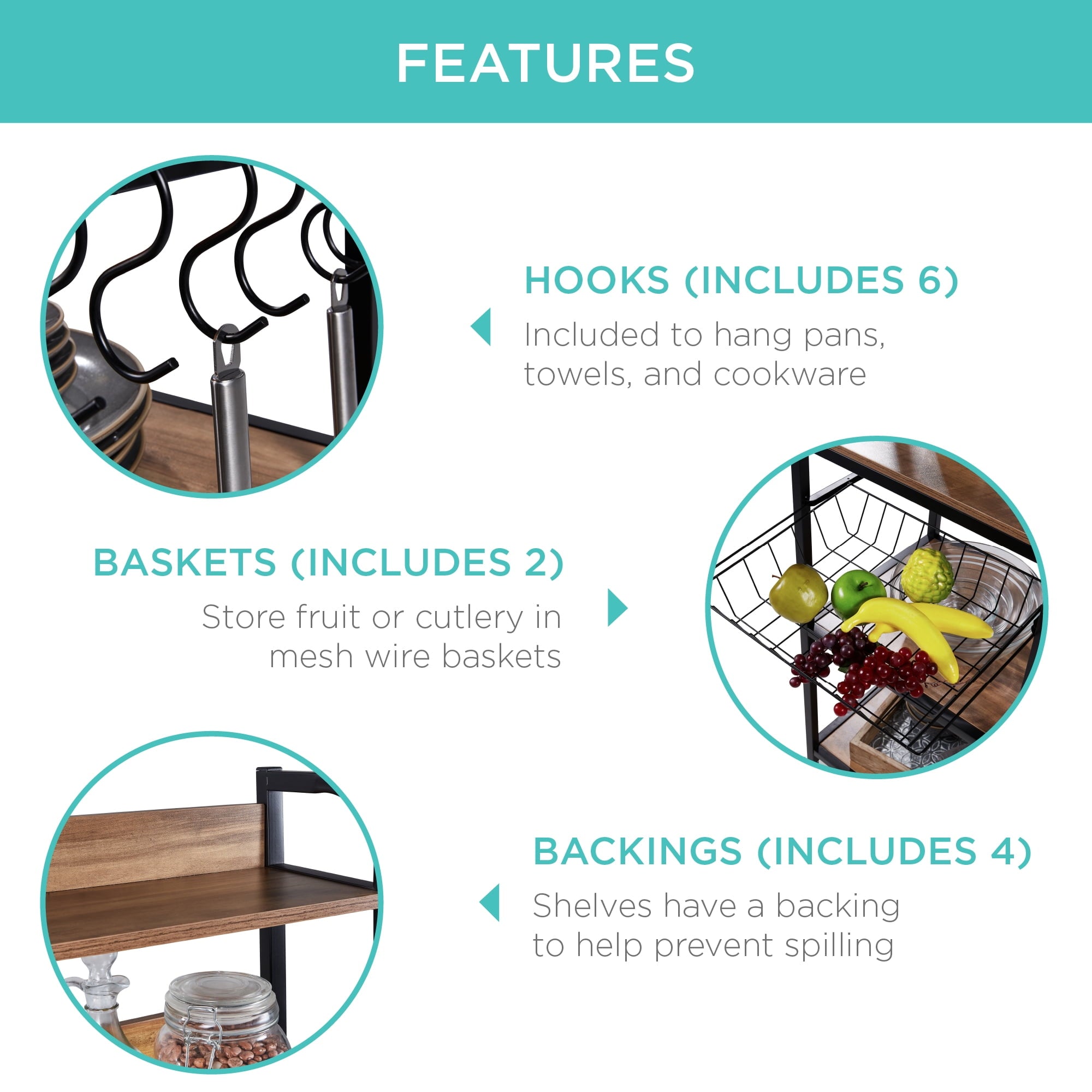 Best Choice Products 67in Counter-Height Baker's Rack w/ Locking Wheels, Adjustable Feet, 2 Wire Baskets - Brown/Black