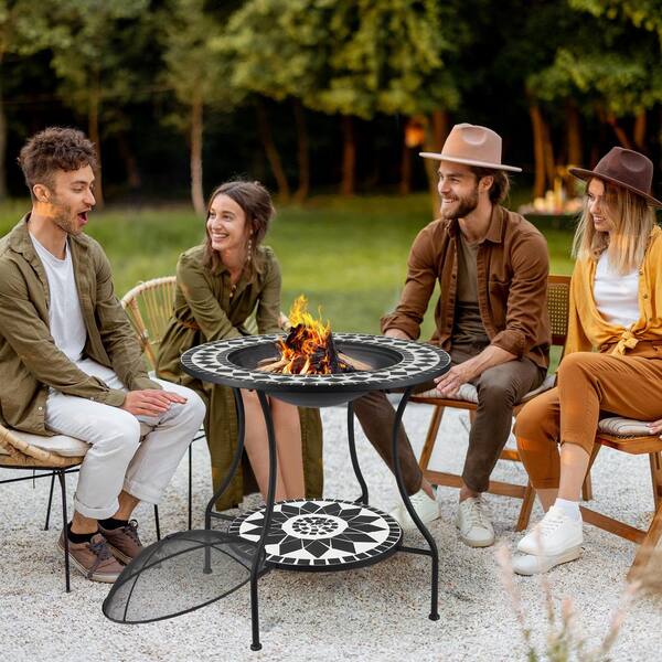 30 in. Metal Outdoor Fire Pit, 3-in-1 Outdoor Dining Table Round Wood Burning Fire Pit Table