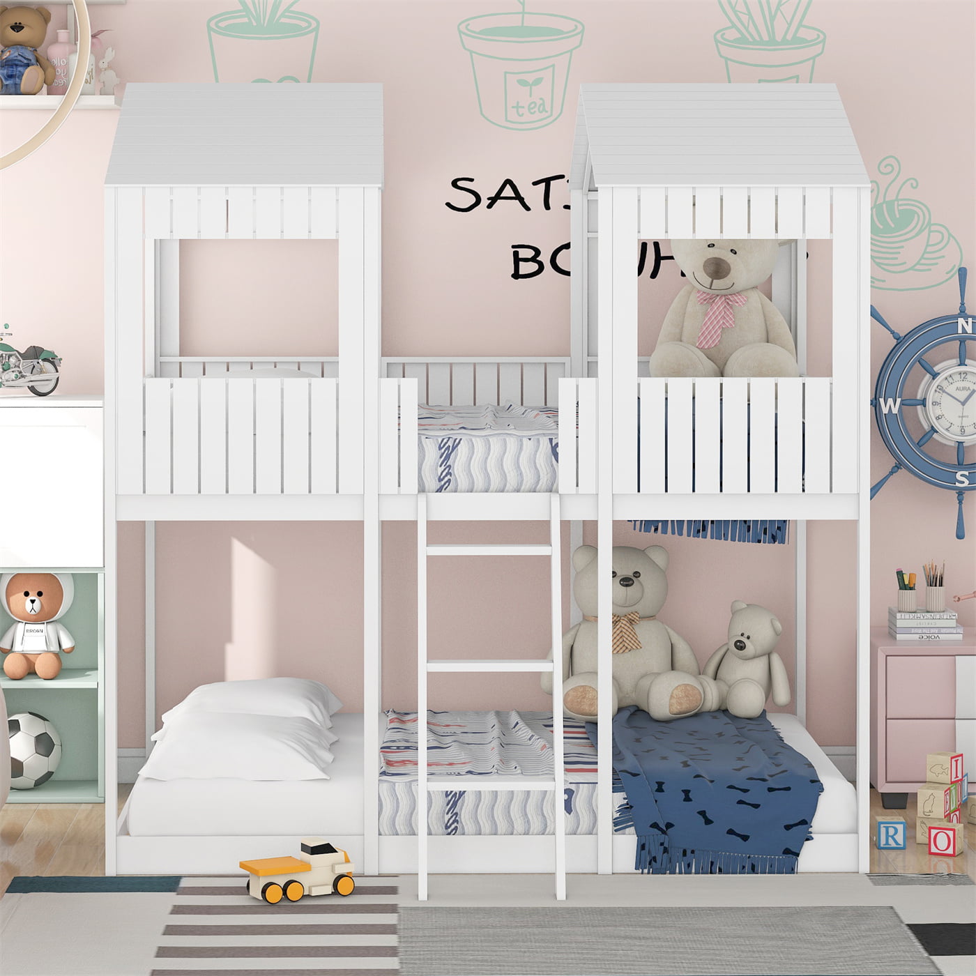 Full Over Full Bunk Bed House Bed with Dual Roofs, Wood Loft Bed Frame with Full-Length Guardrails & Inclined Ladder, Space Saving Design, No Box Spring Needed, White