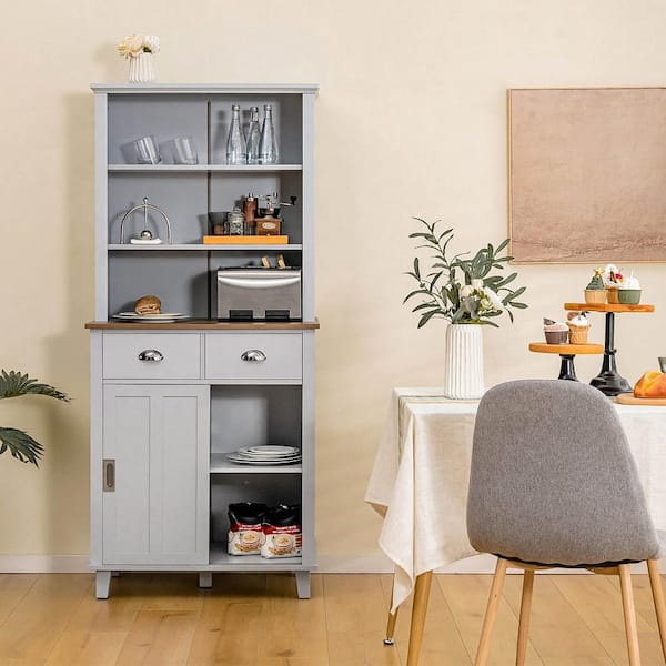Grey Wood 30 in. Freestanding Buffet Hutch Kitchen Pantry Storage Cabinet with Sliding Doors