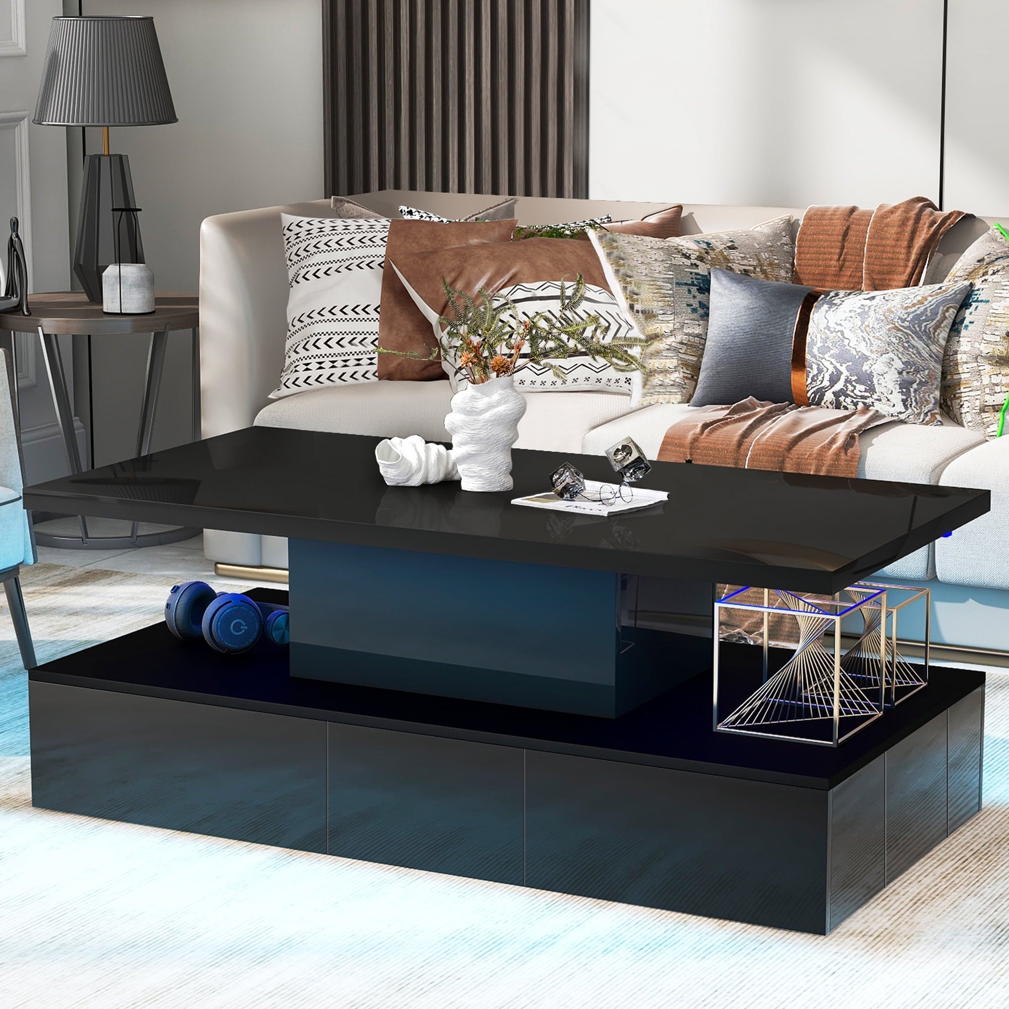 HSUNNS Black LED Coffee Table for Living Room, Modern High Glossy Center Table with 4 Drawers, Smart Cocktail Table Rectangle, Sofa Side Tea Tables with LED Lights, 40