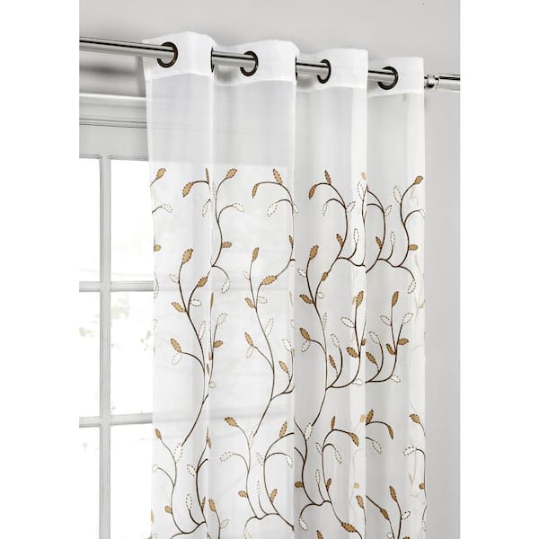 Wavy Leaves 54 in. W x 84 in. L Faux Linen Sheer Grommet Window Panel in Brown