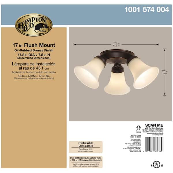 17.5 in. 3-Light Oil-Rubbed Bronze Flush Mount with Bell Shaped Frosted Glass Shades