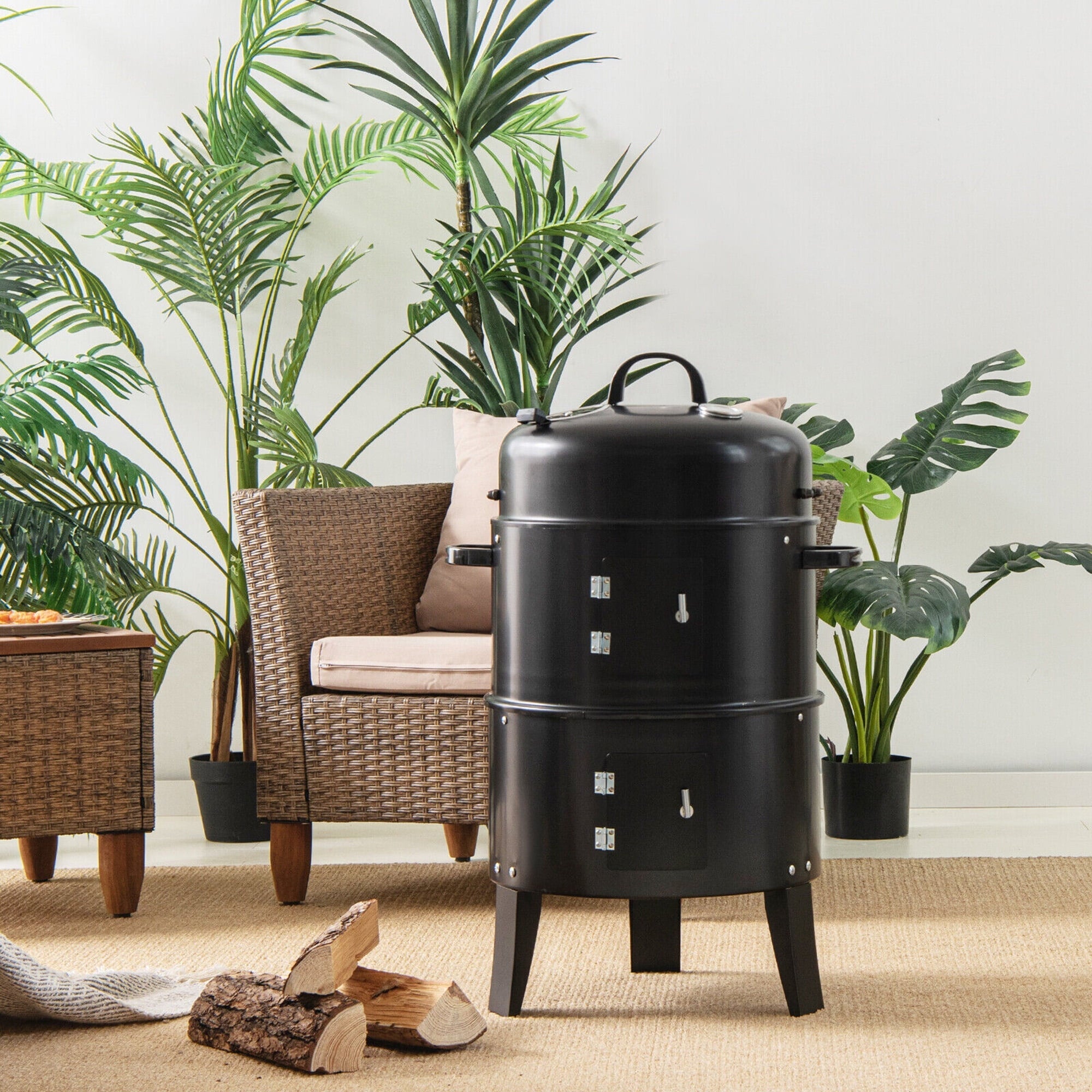 Gymax 3 in 1 Vertical Charcoal BBQ Smoker Grill Separable w/ Built-in Thermometer