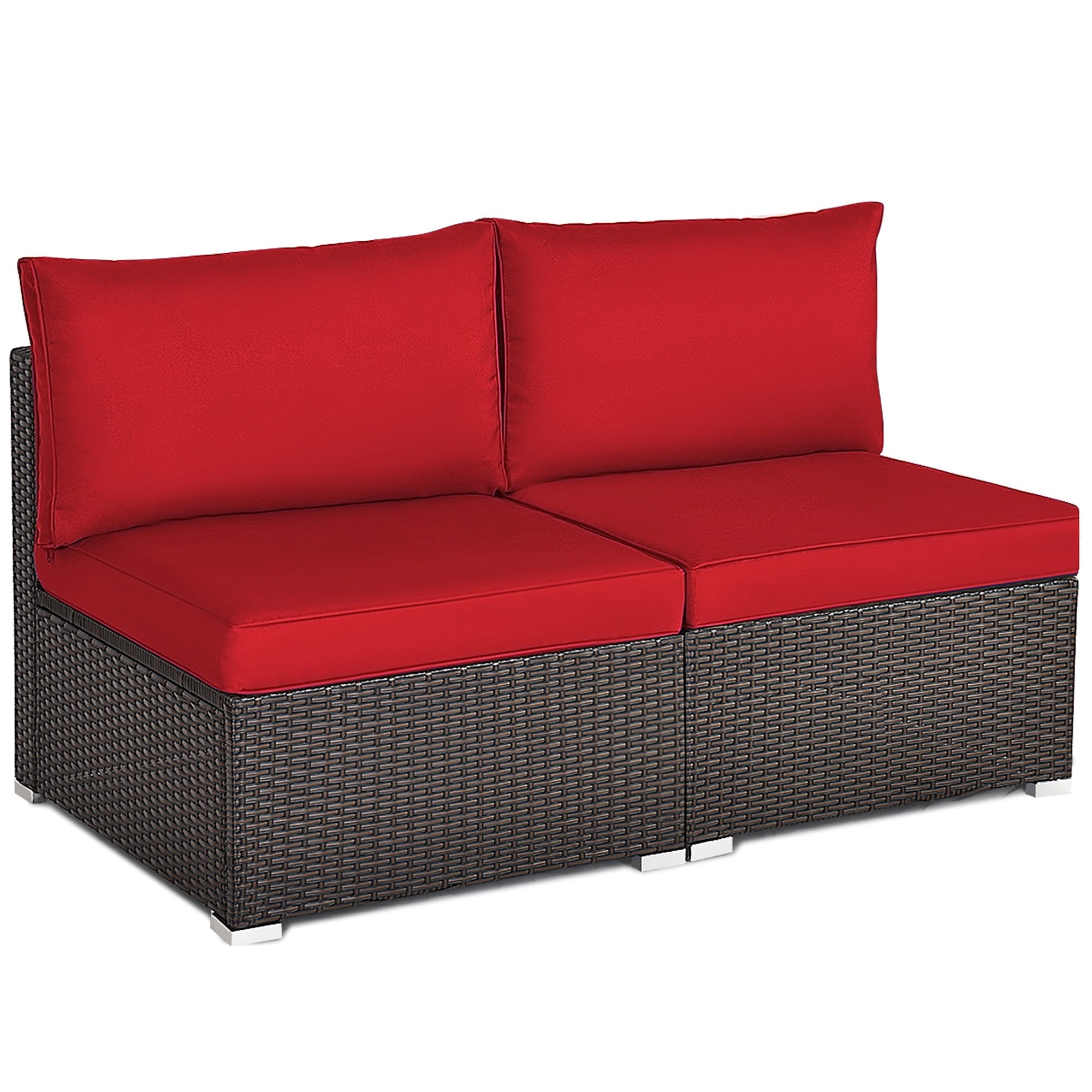 Costway 2PCS Patio Rattan Armless Sofa Sectional Conversation Furniture Set  W/Cushion Red