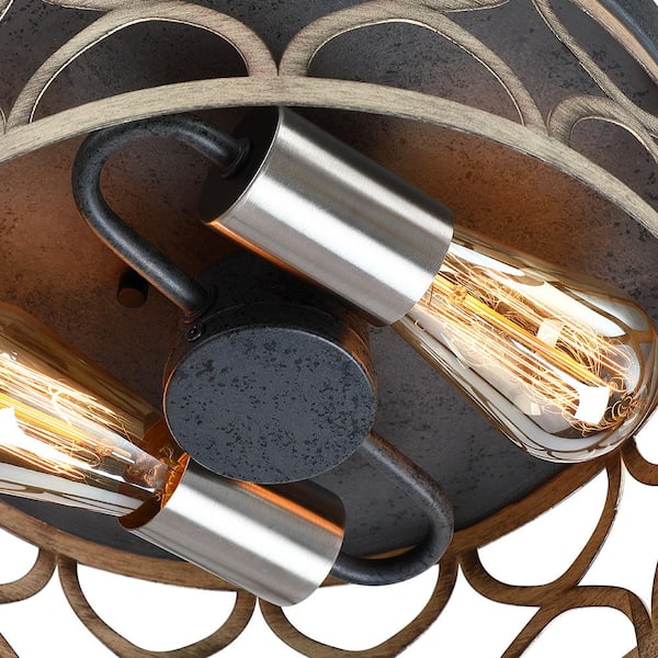 12 in. 2-Light Bronze and Wood Tone Flush Mount Ceiling Light