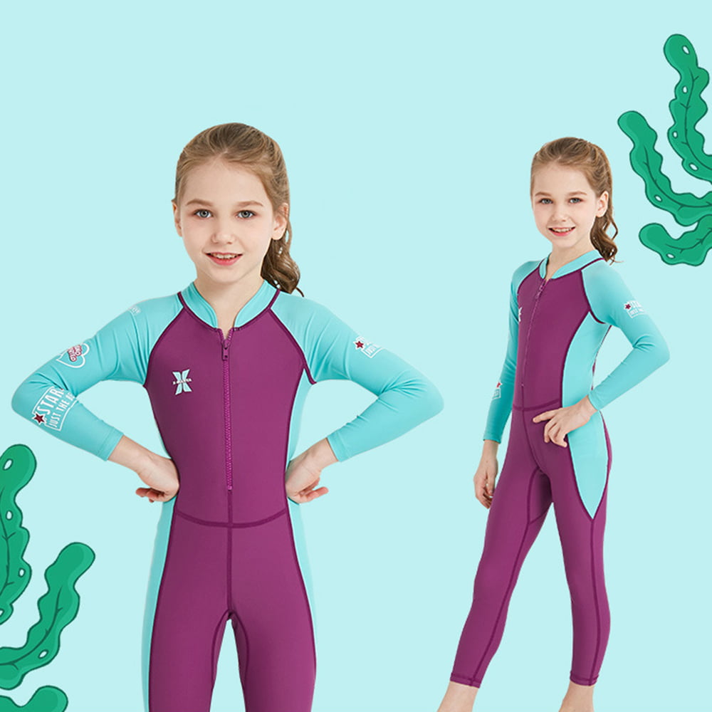 X-MANTA Kids Full Body Swimsuit Girls Boys Long Sleeve  Protection Swimming Suit Front Zip Quick Dry Clothes