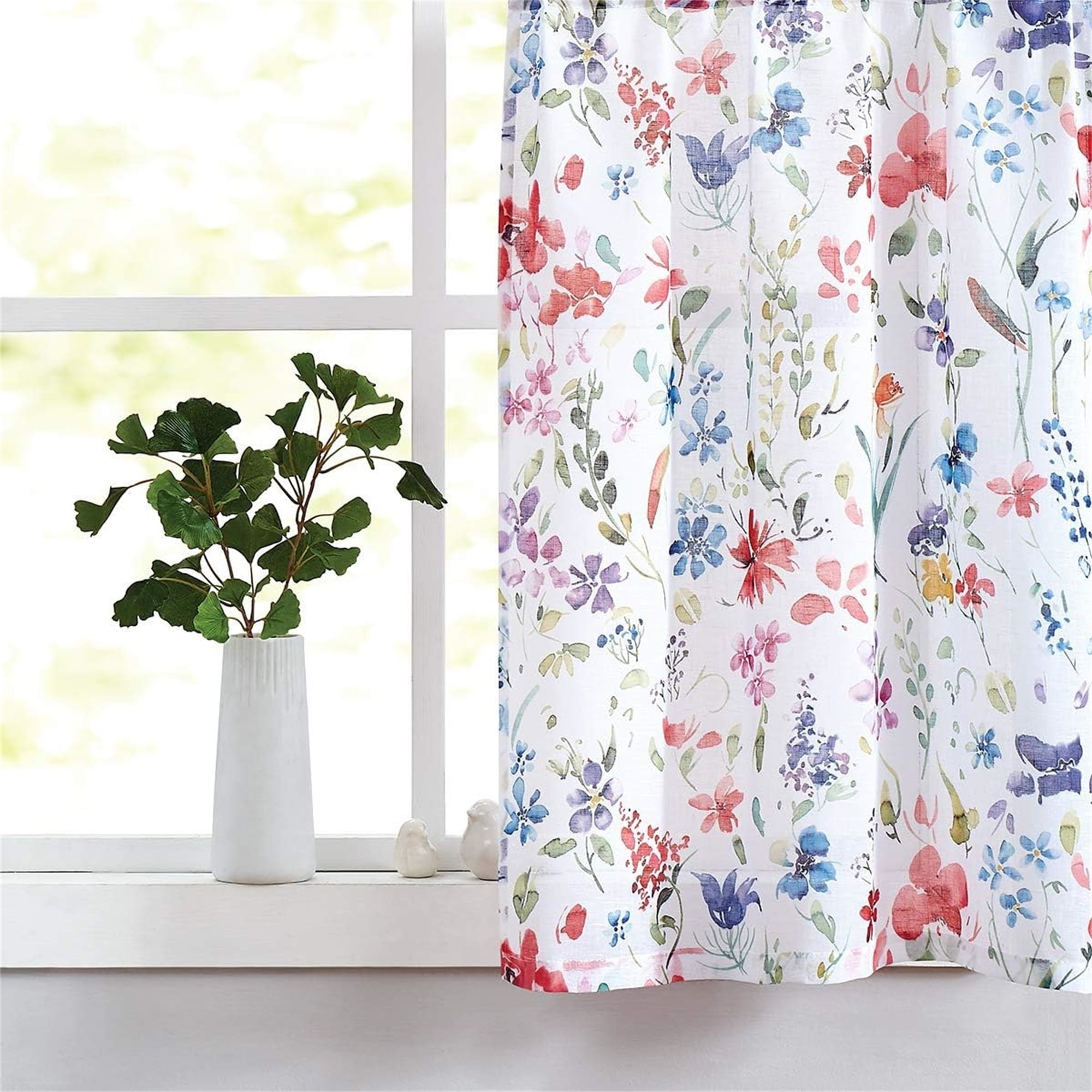 Fragrantex Watercolor Floral Sheer Curtains for Living Room 84 inch Long,Botanical Print Multi Flower Sheer Window Panels Rod Pocket 40