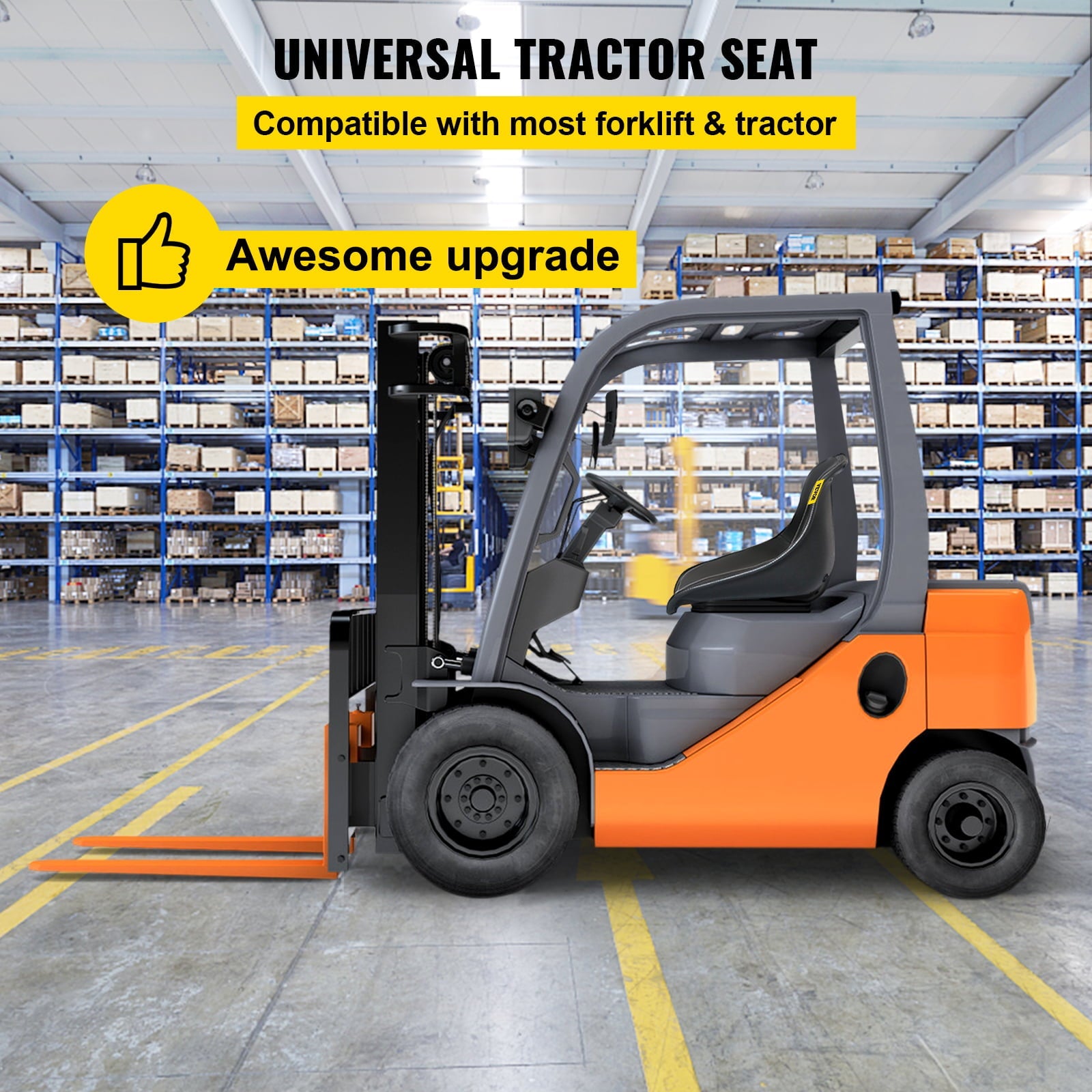 VEVOR Universal Tractor Seat, Compact High Back, Black PVC Lawn and Garden Mower Seat Replacement, Two Drain Holes Steel Frame Forklift Seat, Compatible with Forklift, Excavator, Mower