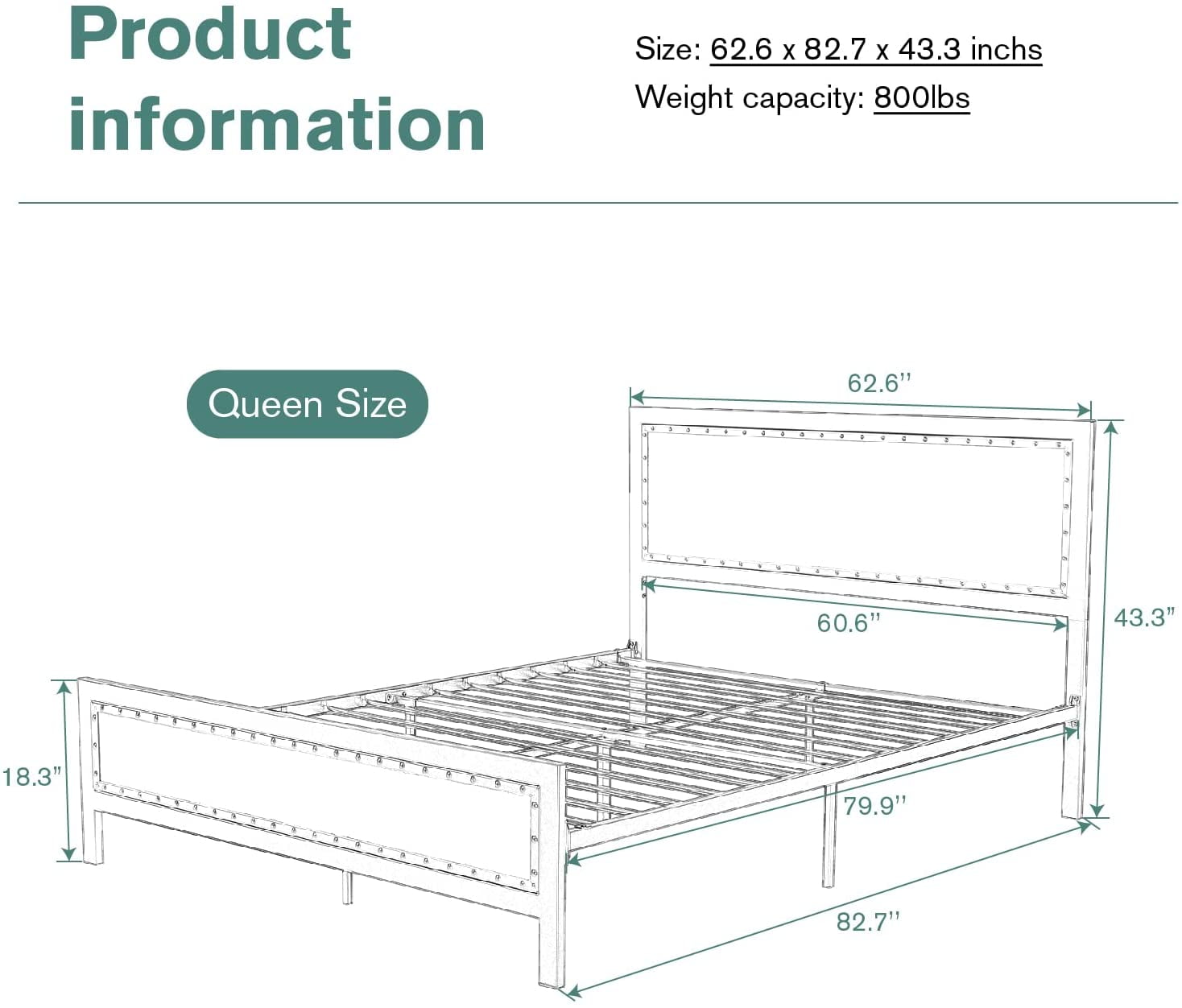 Allewie Brown Queen Size Metal Platform Bed Frame with Rivet Headboard and Black Frame, Industrial Wooden Headboard