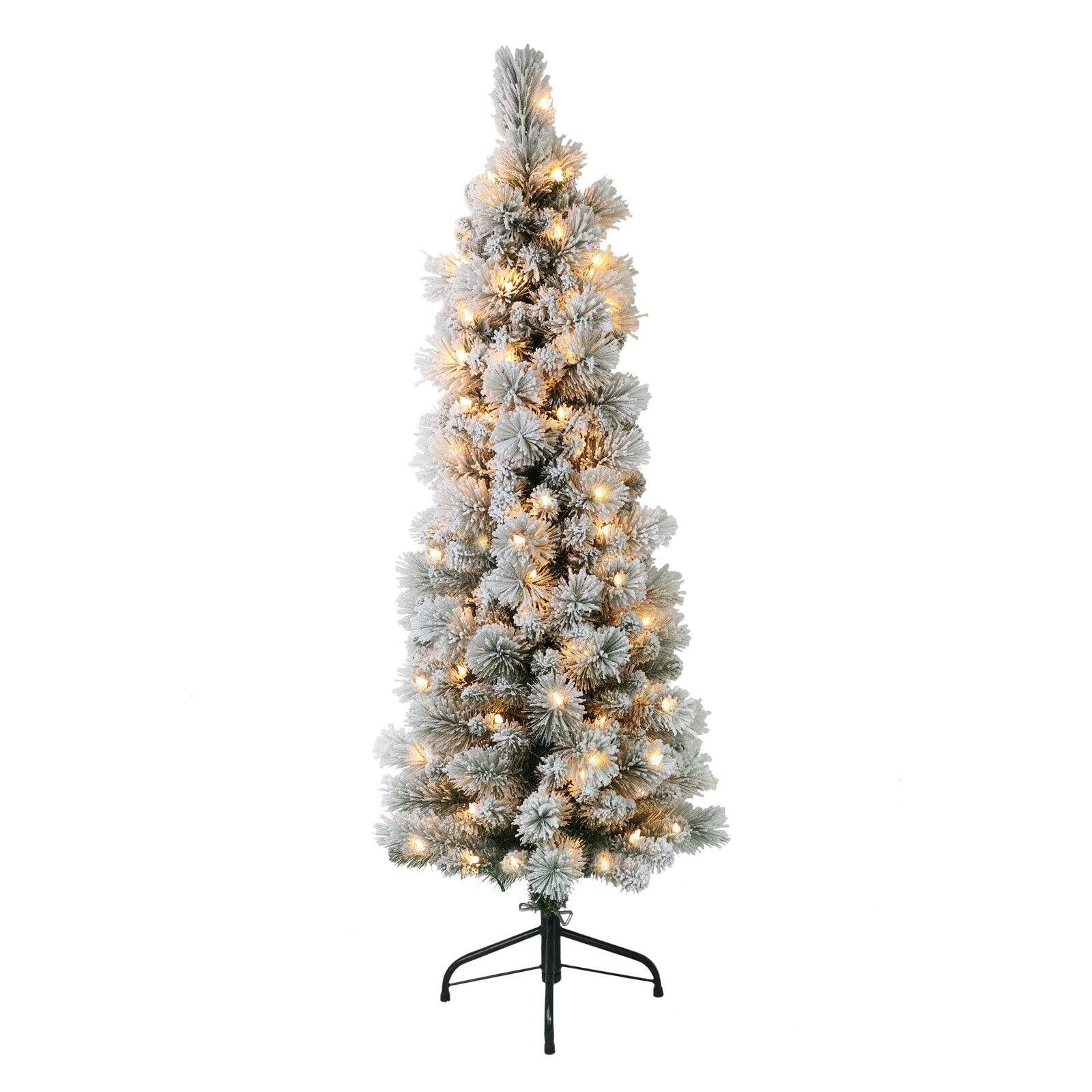 Puleo International Portland Pine Pencil Pre-Lit Flocked Artificial Christmas Tree