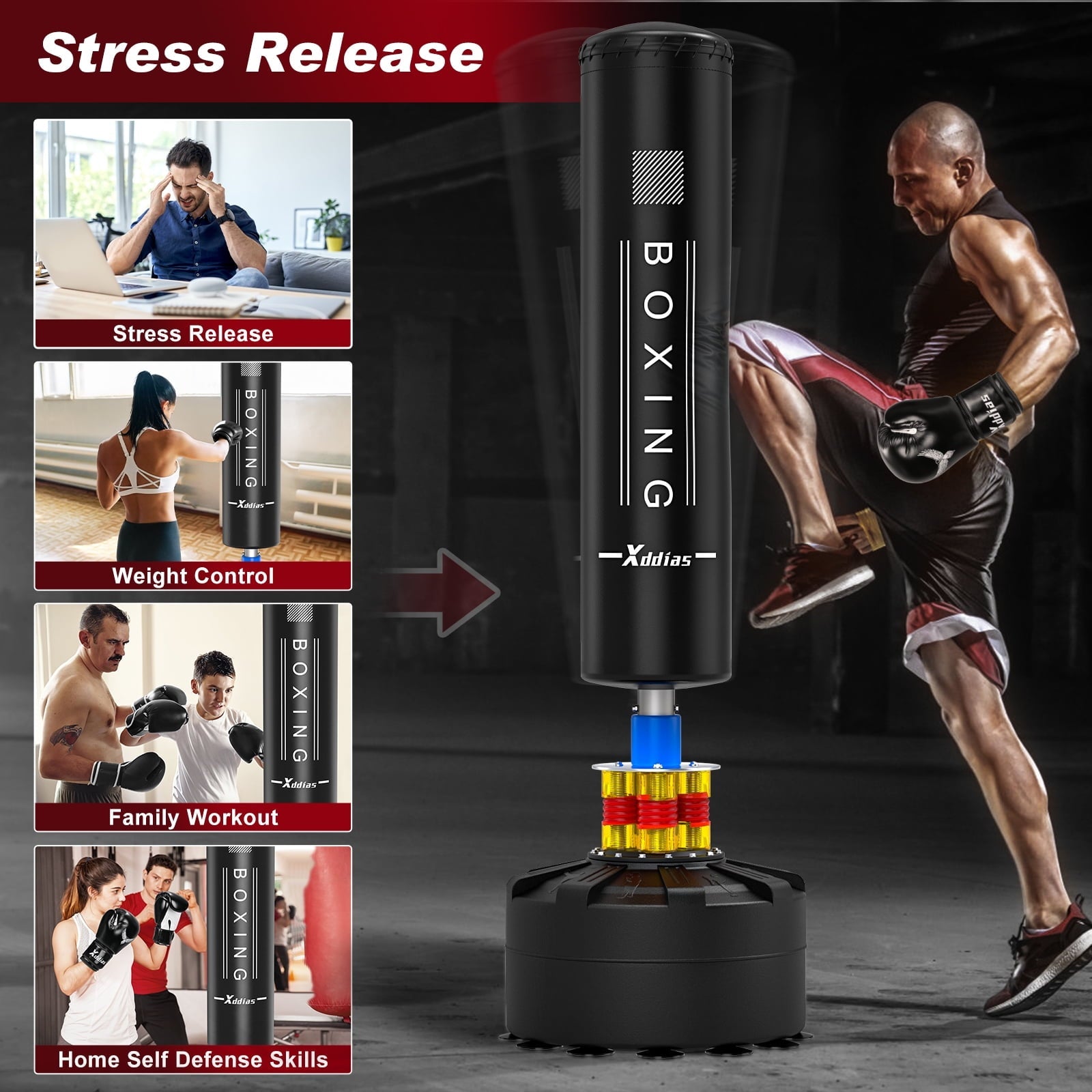 XDDIAS Freestanding Punching Bag 67in-182lbs with with Stand for Adult Youth Kids - Freestanding Boxing Bag for Home Gym Office,Black
