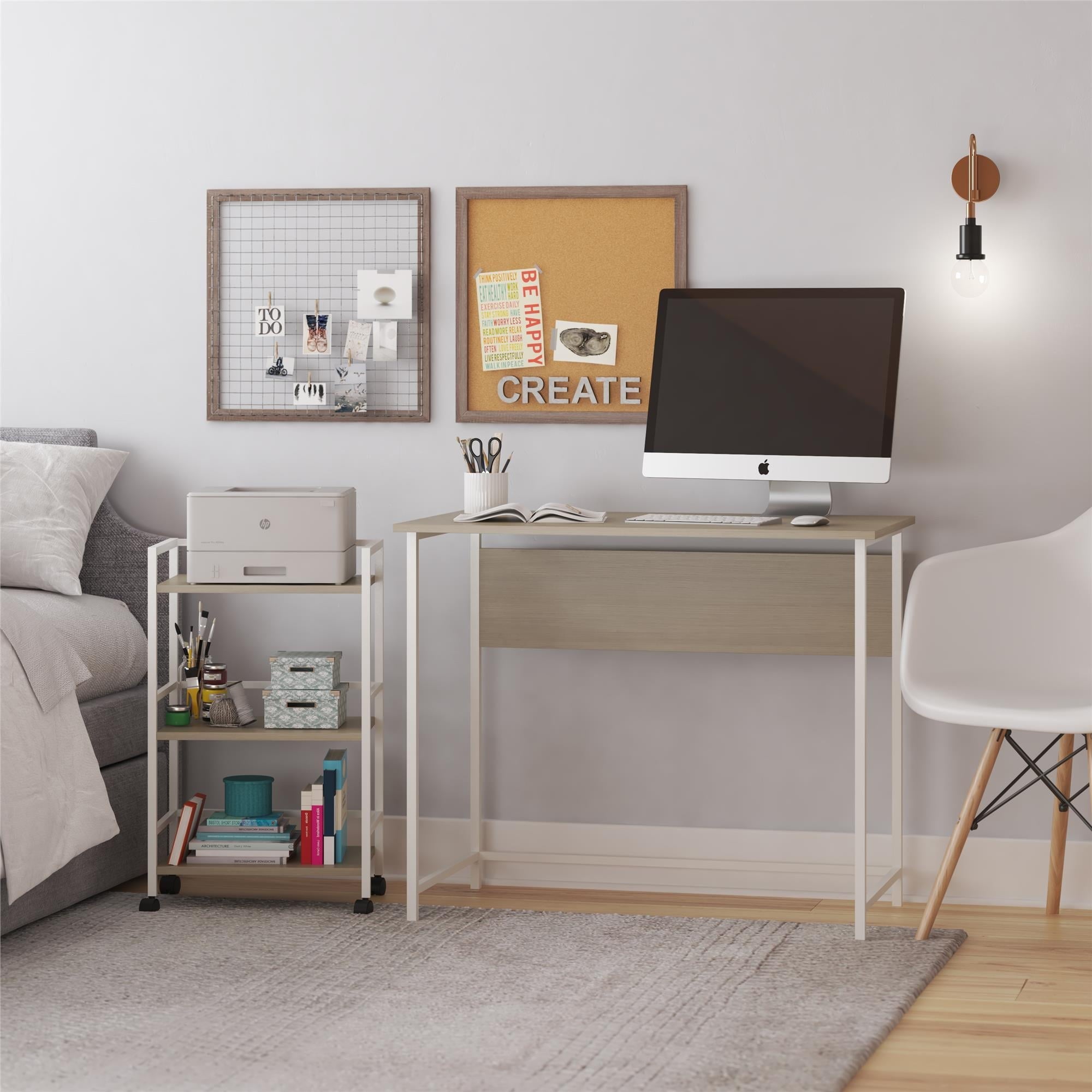 Mainstays Bryant Desk with Rolling Cart, Pale Oak/White