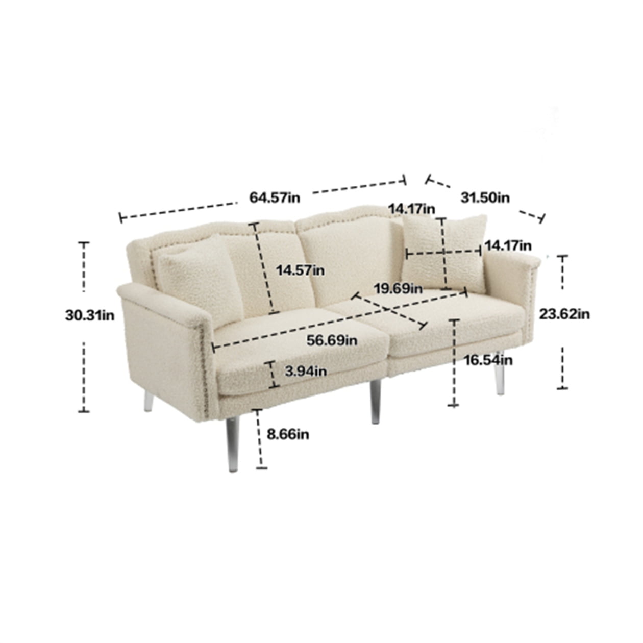 Loveseat Sofa, Modern Polyester Upholstered Accent Sofa Couch with Low Back and Acrylic Feet, 2-Seater Convertible Sleeper Bed Futon Sofa with 2 Pillows for Living Room Bedroom Office, White