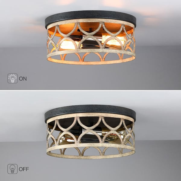 12 in. 2-Light Bronze and Wood Tone Flush Mount Ceiling Light