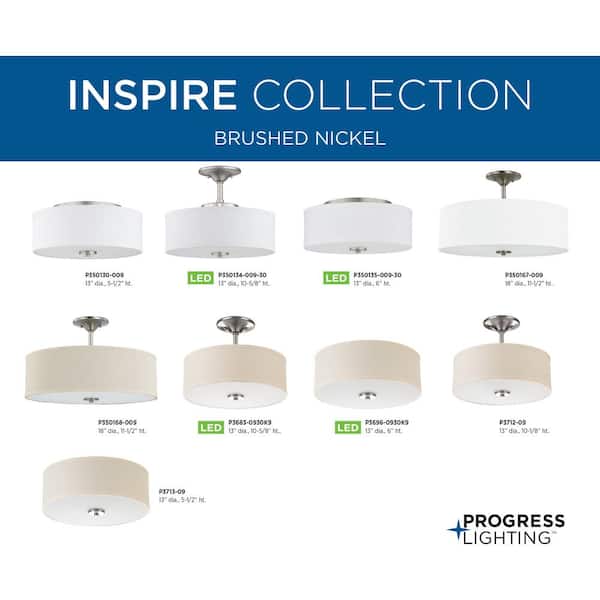 Inspire Collection 13 in. 2-Light Brushed Nickel Transitional Kitchen Ceiling Light Drum Flush Mount