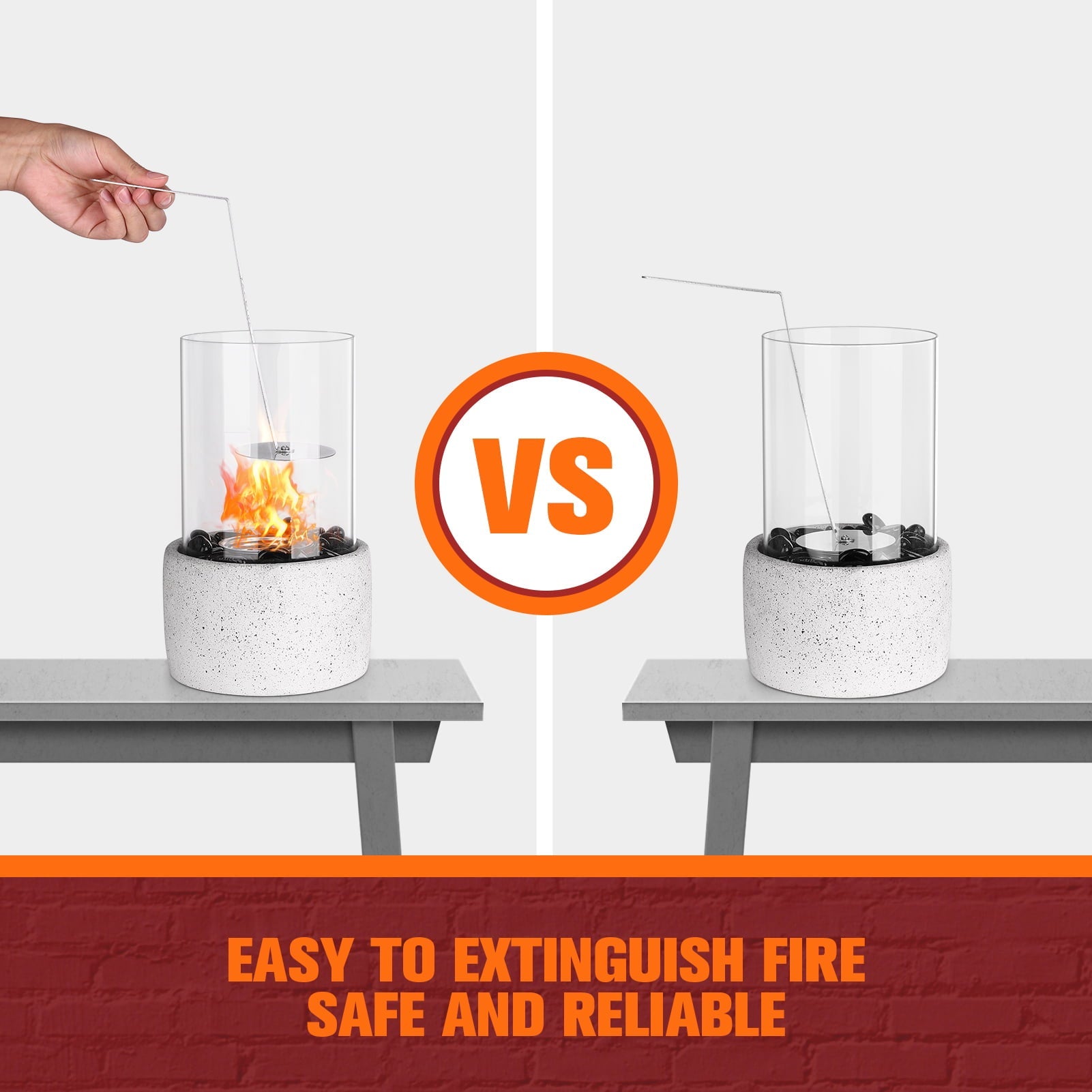 TACKLIFE Tabletop Fire Pit, Tabletop Fireplace with Glass Stone, Concrete Material and Windproof Glass Cover - FP1