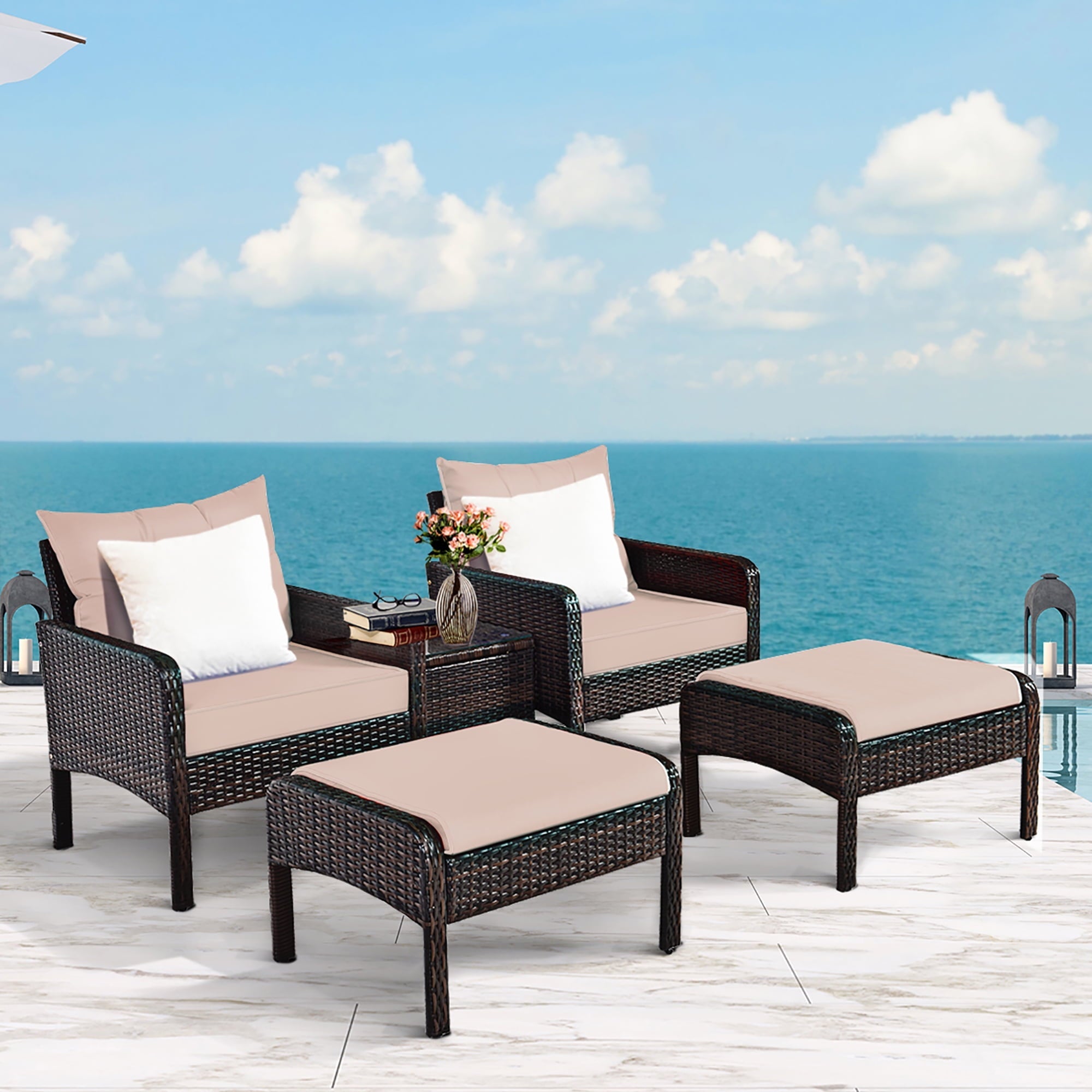 Costway 5 PCS Patio Rattan Wicker Furniture Set Sofa Ottoman Coffee Table Cushioned Navy