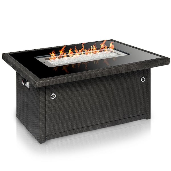 Granville 50,000 BTU Rectangular Resin Wicker Covered Outdoor Patio Propane Fire Pit Table with Soft Cover & Glass Rocks