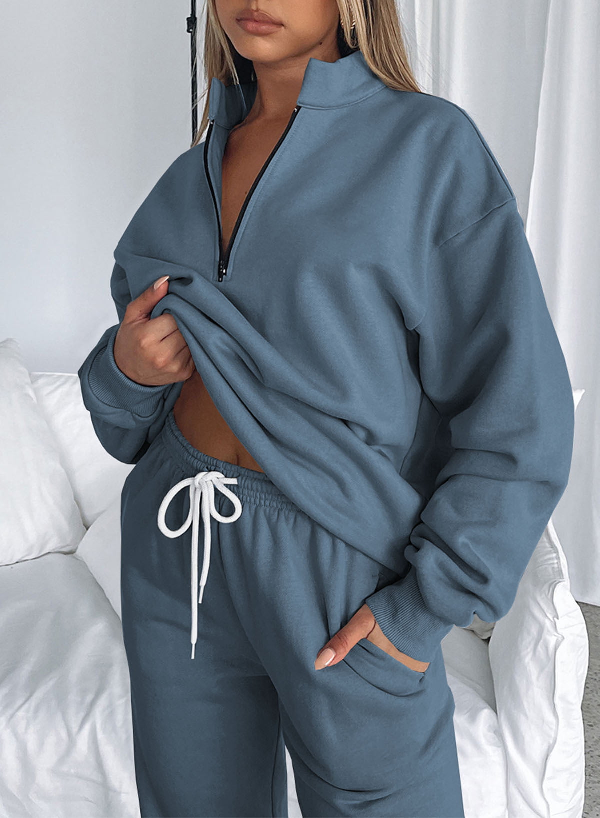 Aleumdr Women's Lounge Sets Long Sleeve Pullover Long Sweatpants Two Piece Outfit Tracksuit Sweatsuits Jogger Set Blue XL