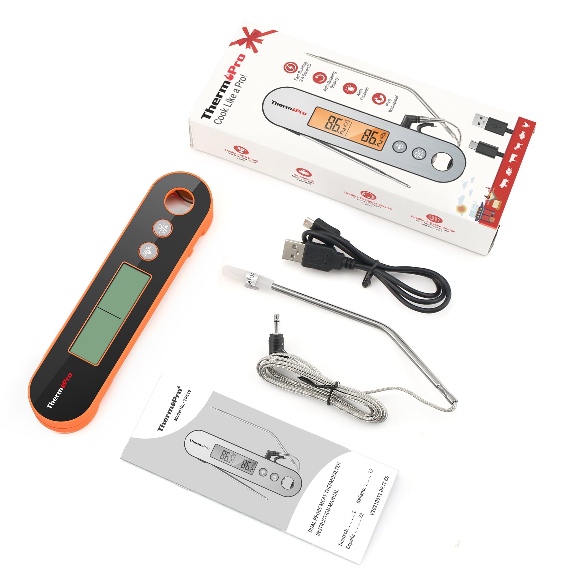 ThermoPro TP610W Programmable Dual Probe Meat Thermometer with Alarm, Rechargeable Instant Read Food Thermometer, Rotating LCD Screen, Waterproof Cooking Thermometer for Grilling, Smoker, BBQ, Oven