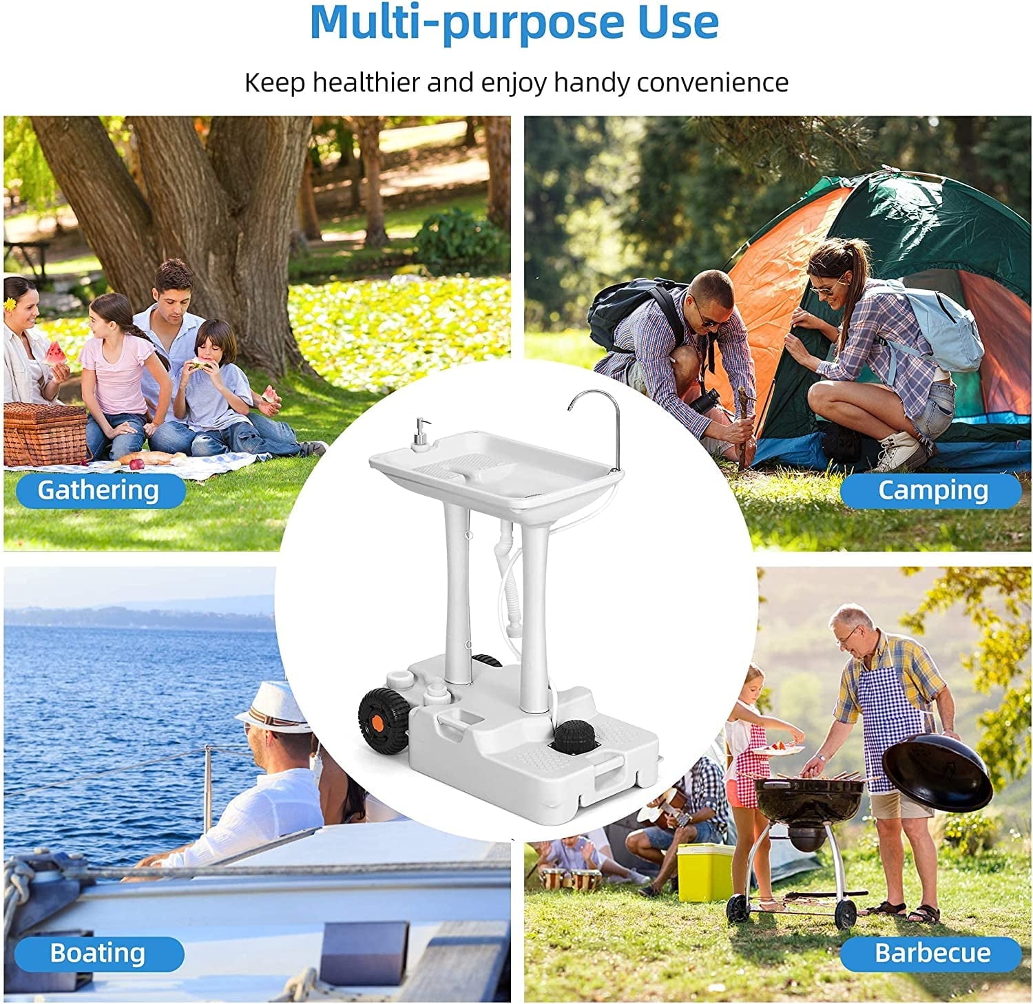 Portable Camping Sink with Rolling Wheels, Hand Washing Station with 30 L Water Capacity, Soap Dispenser, Towel Holder, Ideal for Outdoor