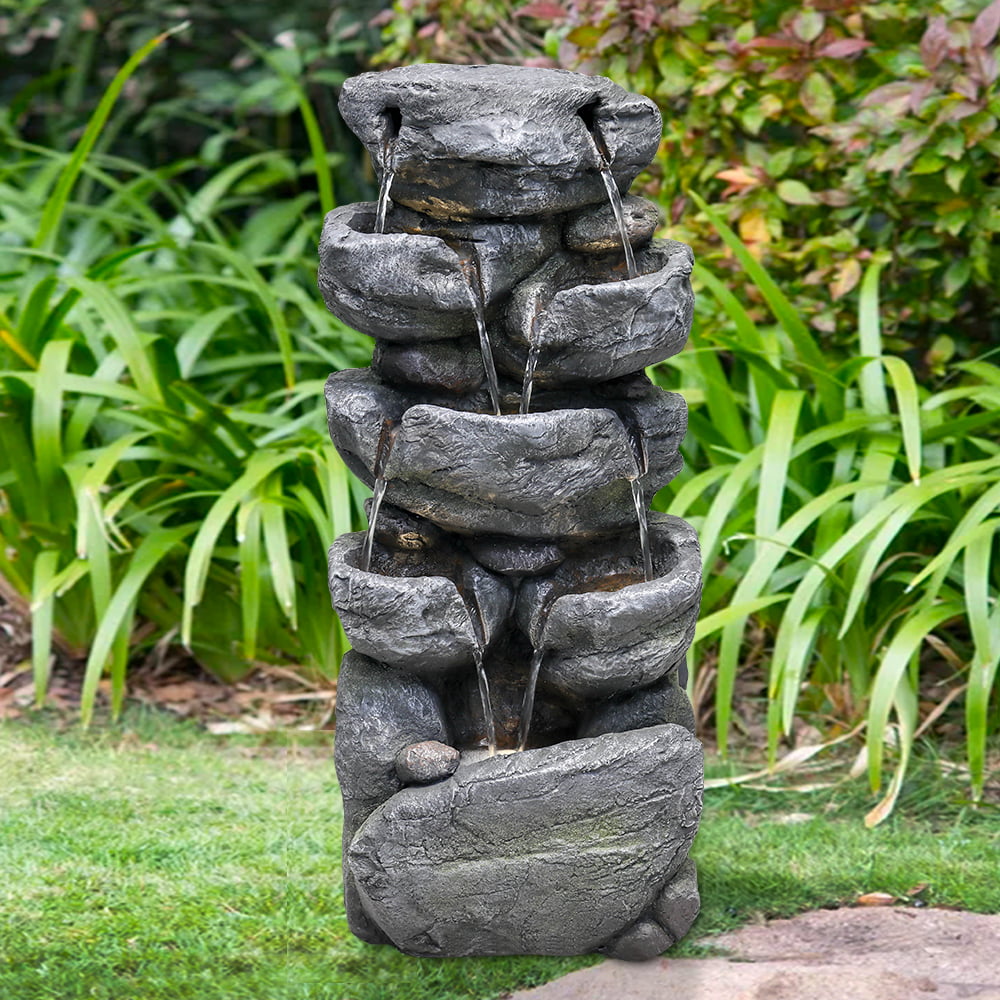 chrismas clearnace！ Stacked Rock Fountain with LED Lights - Outdoor Water Fountains Cascading Floor Water Feature Art Decor for Garden,Pation, Deck, Porch