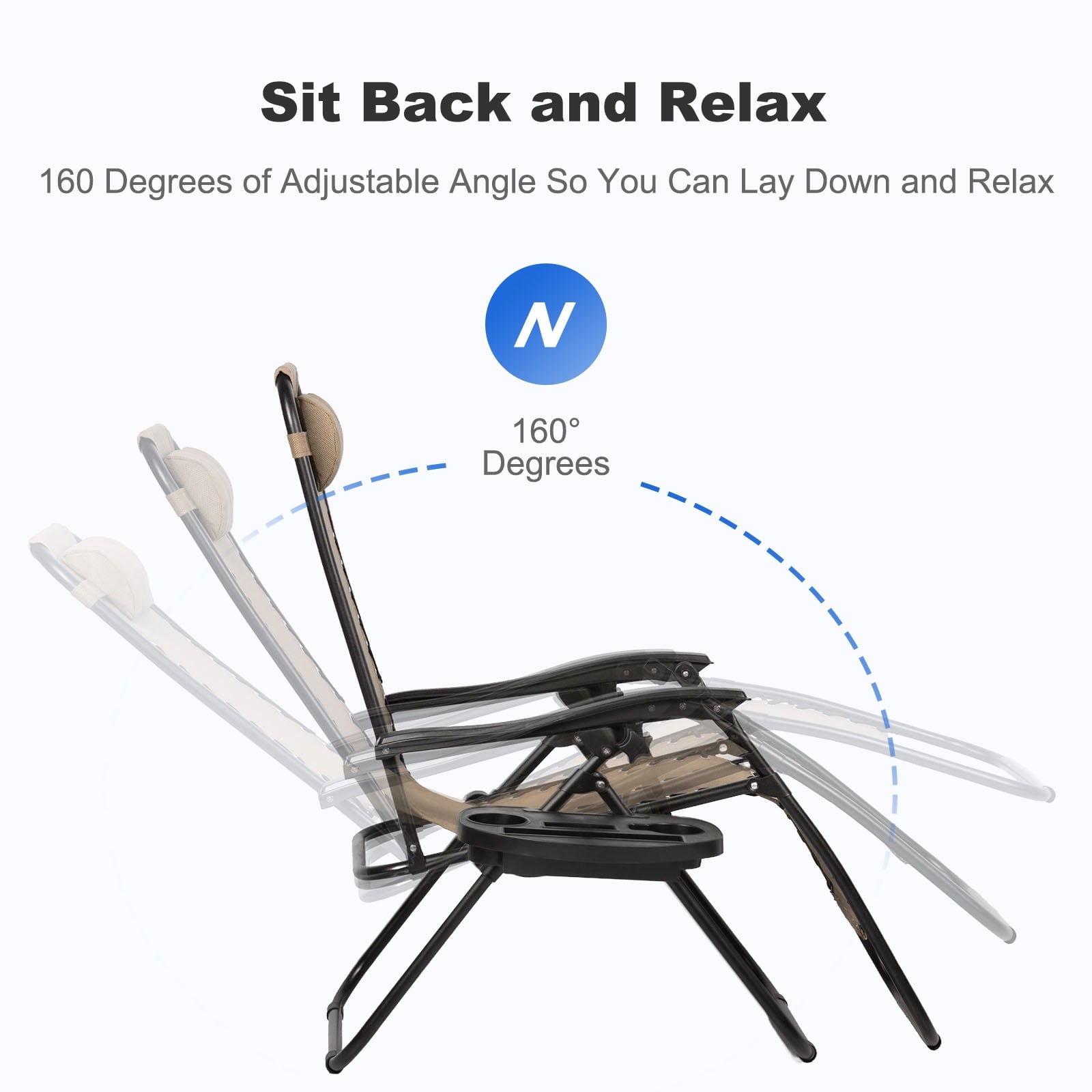 Nazhura Set of 2 Relaxing Recliners Patio Chairs Adjustable Steel Mesh Zero Gravity Lounge Chair Recliners with Pillow and Cup Holder (Khaki)