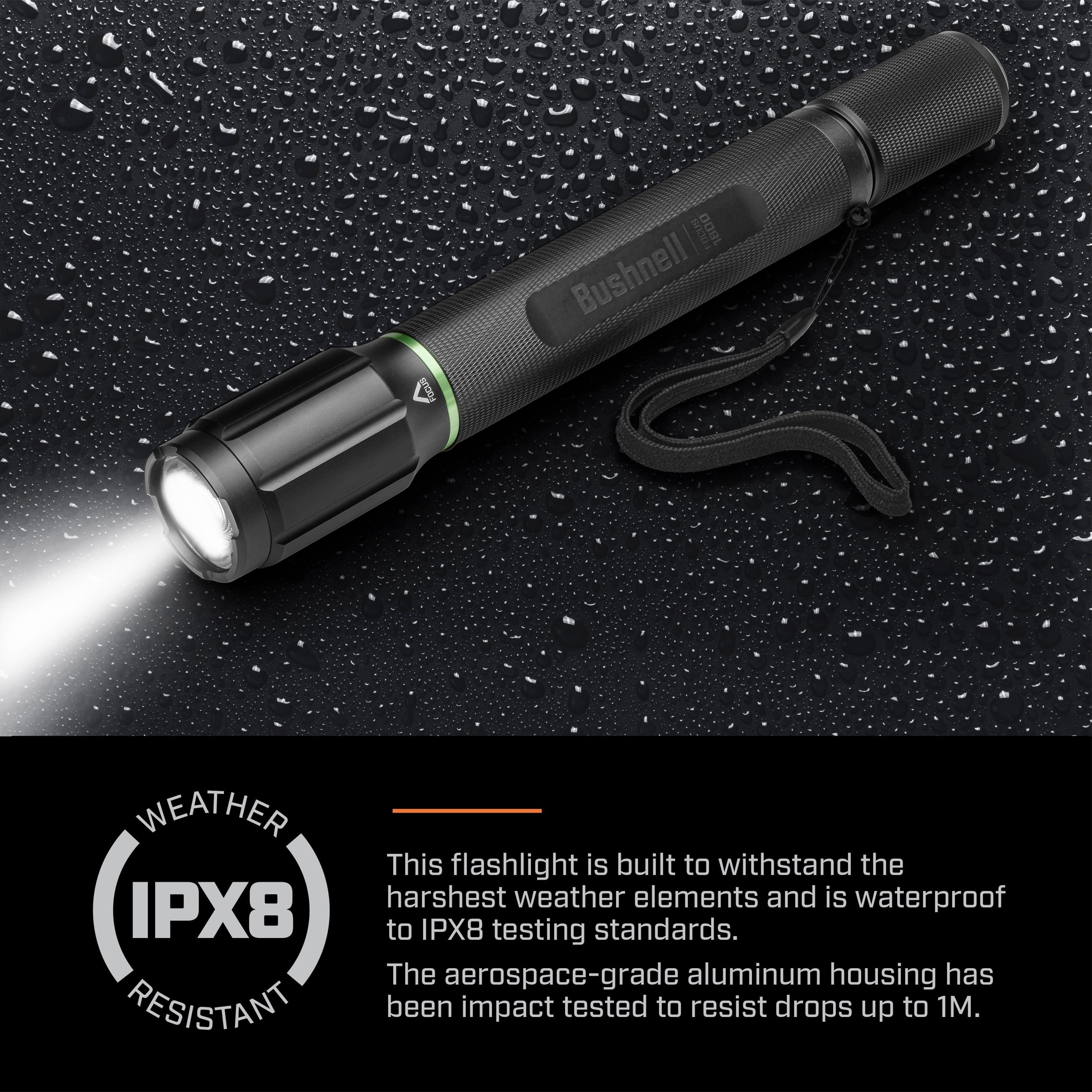 Bushnell 1800 Lumen Rechargeable Focusing Flashlight - IPX8 Waterproof, Black & Green