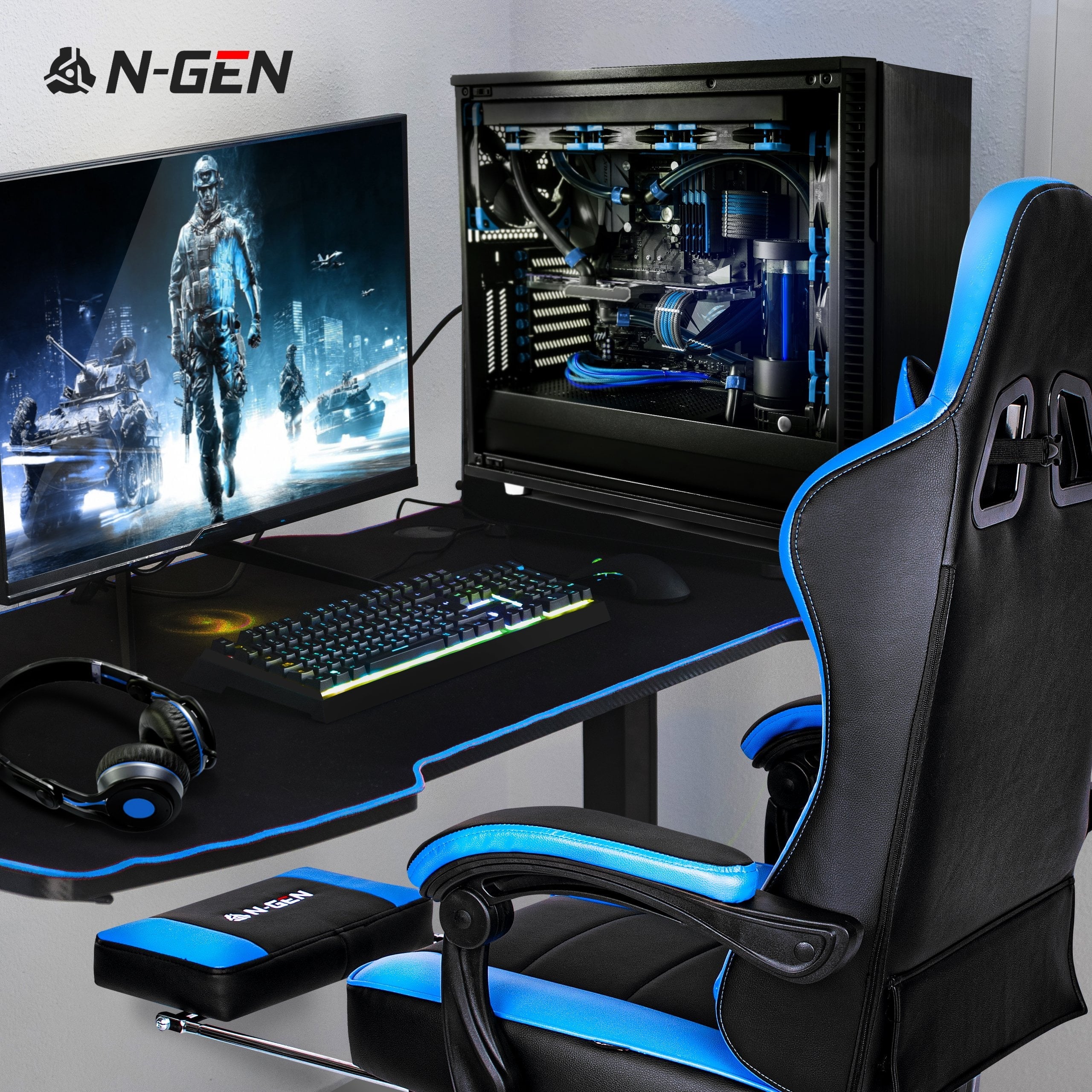 N-GEN Citus Series Ergonomic Leather Footrest High Back Gaming Chair, Blue