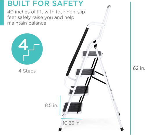 4-Step Portable Folding Anti-Slip Steel Ladder W/ Handrails Attachable Tool Bag