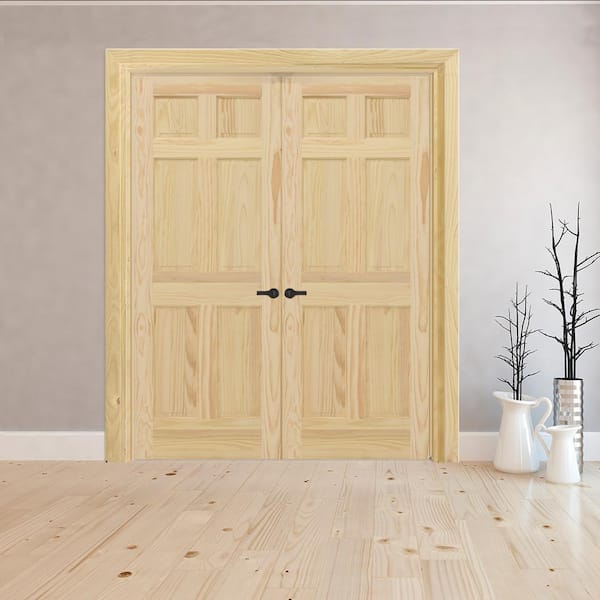 60 in. x 80 in. Universal 6-Panel Unfinished Pine Wood Double Prehung Interior French Door with Bronze Hinges